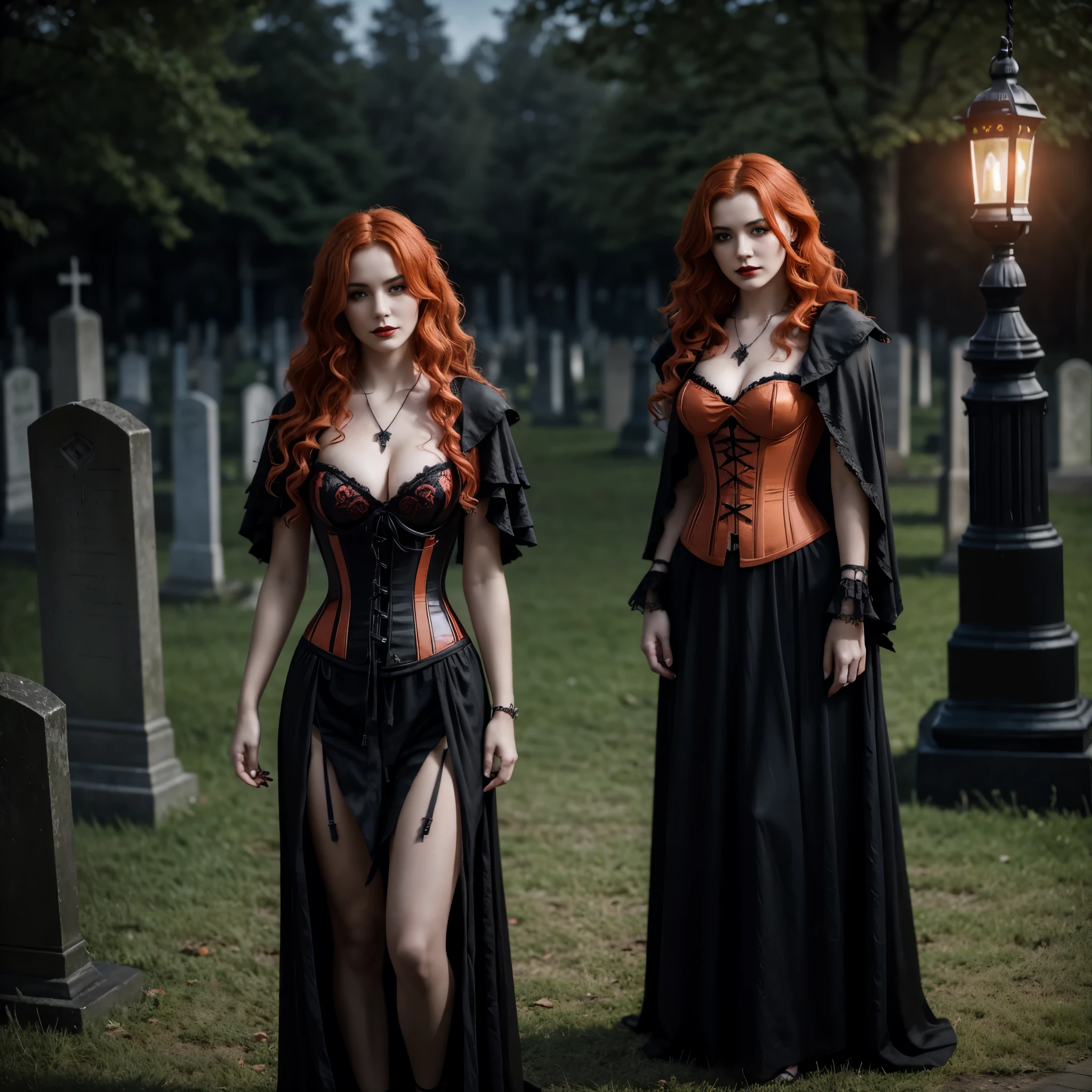 Beautiful 20 year old woman with short messy wavy light orange hair, wearing a red and black corset and black cloak with gothic qualities, standing in a cemetery at night with fog holding an old style lantern, red lipstick, realistic skin texture, cross neckless, looking at camera, Gothic Art, photo realistic, 8k