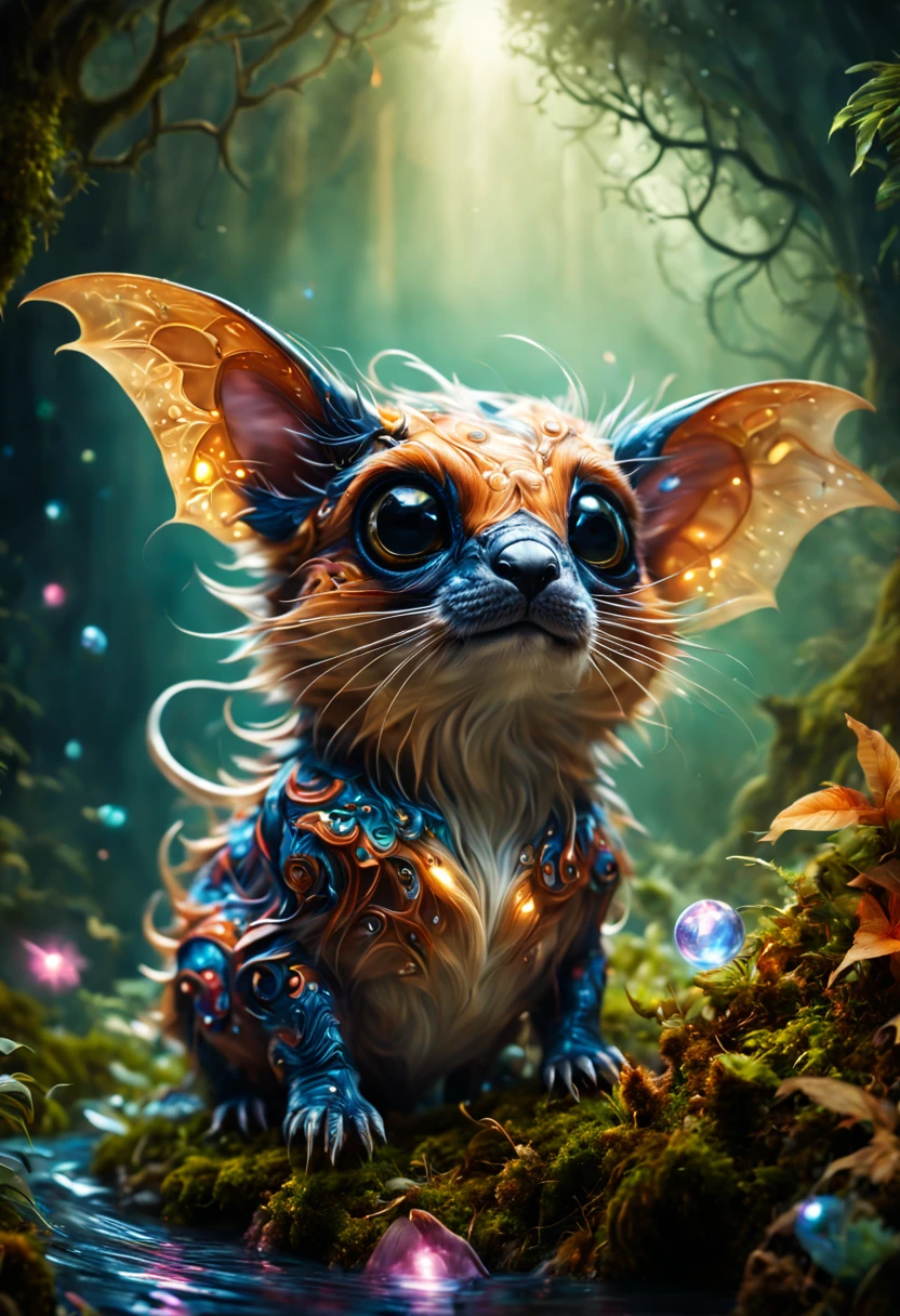 (best quality, 4k, 8k, high resolution, masterpiece: 1.2), ultra detailed, (realistic, photorealistic, photorealistic: 1.37), (a strange little animal, as if from another world, a spectacular magical creature, small size: 1.37 ), very striking and expressive eyes, skin. translucent and bright, dazzling colors, shining in the sunlight, flying gracefully in the air, magical aura surrounding you, ethereal and charming presence, delicate and intricate wings, subtle gradients of vibrant colors, with intricate designs, reflecting your mystical nature, scales of fine lines covering its body. , bright with iridescent tones, graceful and elegant movements, as if dancing in the wind. In the middle of a serene and magical forest, with ancient trees and vibrant foliage, bathed in soft golden light, creating a dreamlike atmosphere, whispers of magic filling the air.