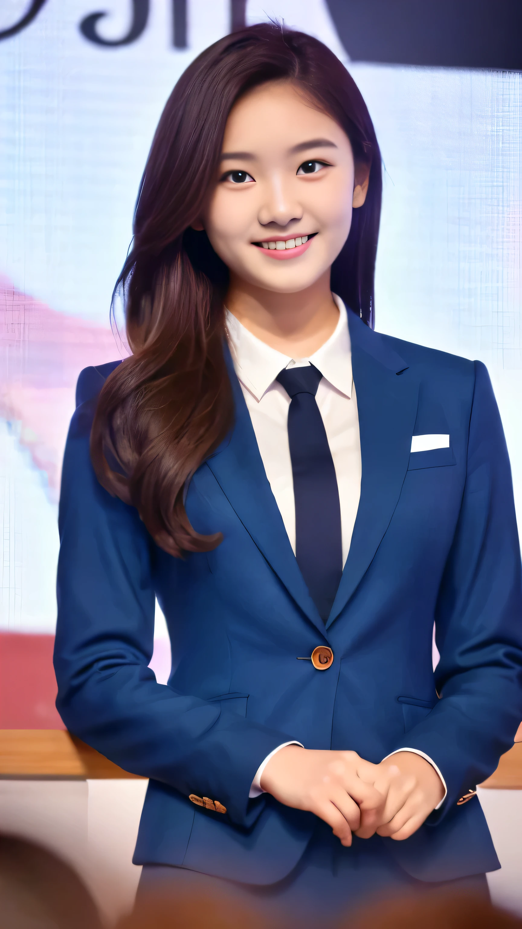 Representative works, Highest image quality, 1girl, (While watching)), chestnut hair, Maroon eyes, long hair, Dark blue blazer, white shirt, blue skirt, 163cm, facial details, 18-year-old, solo, long legs, smile, beautiful girl, High school girl beauty contest grand prize model