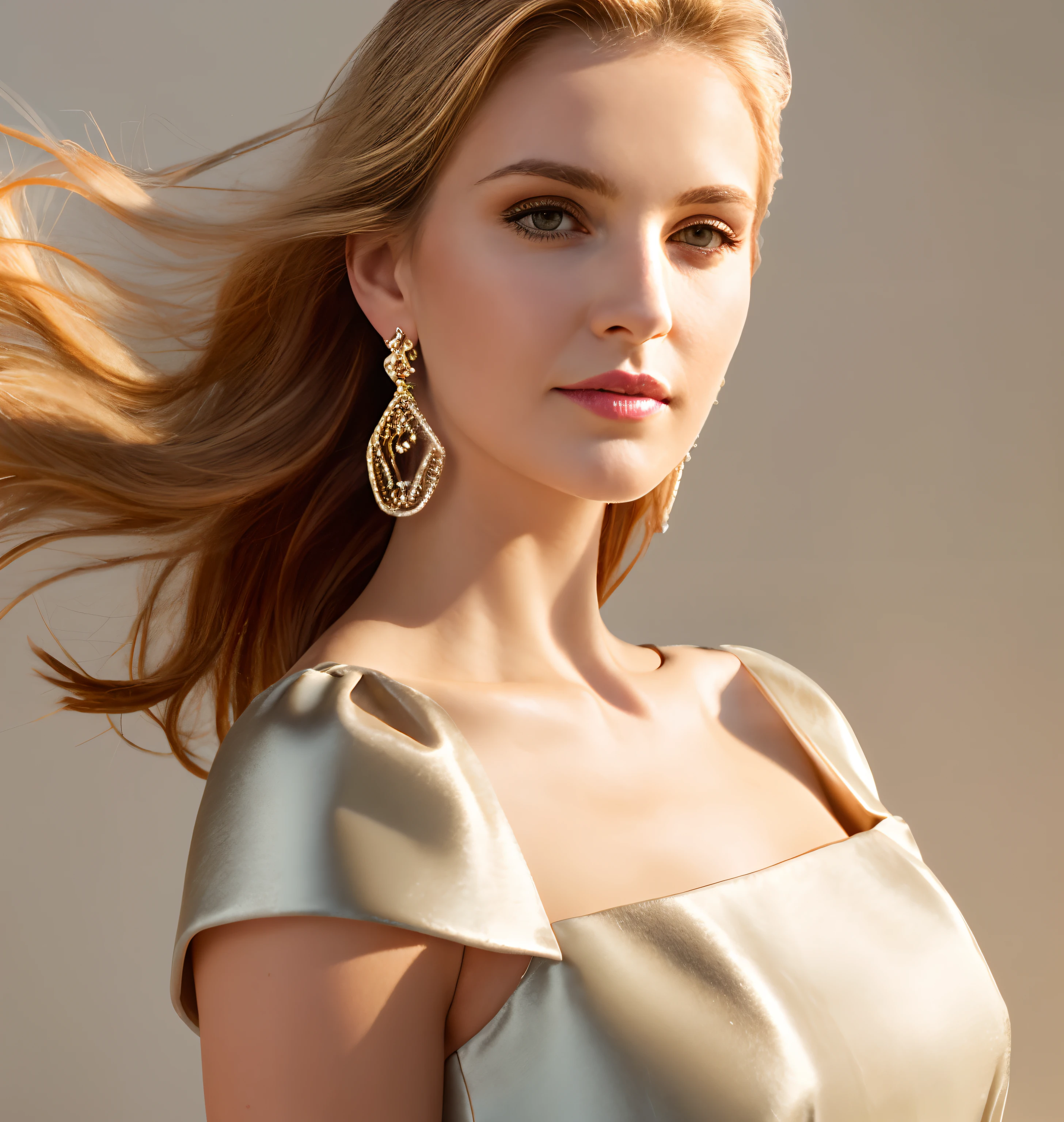 Headshots, Mulher elegante, The person is clear, glossy expression, Uma senhora, maquiagem pesada, mascara, Fundo gradiente de cor clara, Crisp drawing, Silhuetas fluidas, Muitos modelos de vestidos, Vestidos de cores claras, bilaterally symmetrical, The dress is made of luxurious materials and designs, Brincos simples e pequenos, estilo sofisticado, Fresh and urban expression, alta moda, Vestidos curtos, mulher atraente, cabelo soprado ao vento