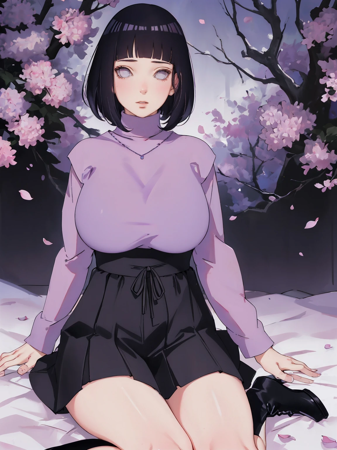 { - anatomy error} (Masterpiece - Ultra-detailed, very high resolution) (huge titusty, masterpiece, absurdres, hinata\(boruto\), 1girl, solo,mature female, lilac turtleneck blouse, high waist black long skirt, looking at viewelling petals), perfect composition, detailed lips, big breast, beautiful face, body propotion, blush, (pink lips), short hair, (black hair), purple eyes, soft gaze, super realistic, detailed, photoshoot, realistic face and body, closed mouth , lilac eyes, full body, sitting on the floor , back boots, hidden hands, perfect fingers, inocent face