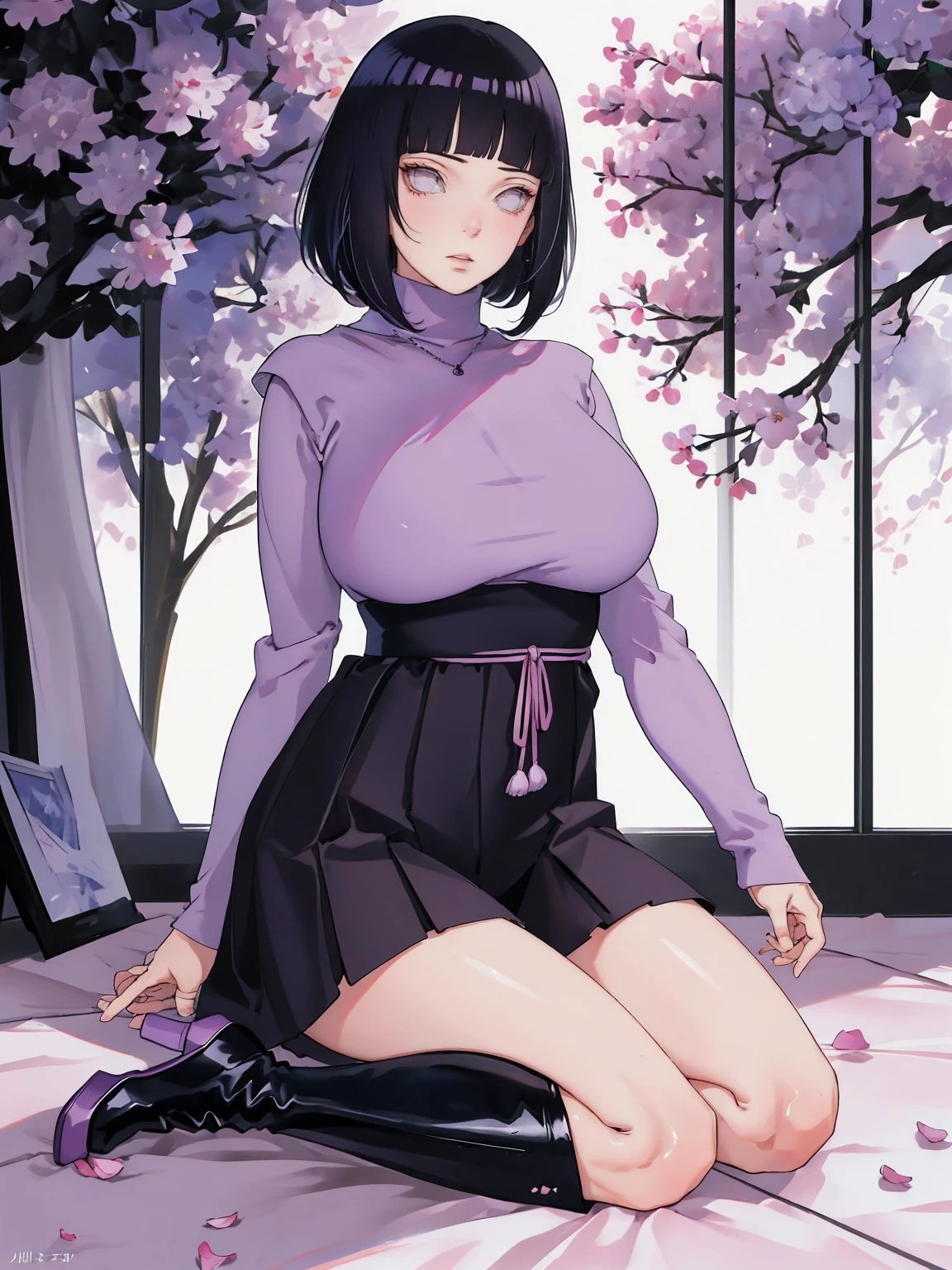 { - anatomy error} (Masterpiece - Ultra-detailed, very high resolution) (huge titusty, masterpiece, absurdres, hinata\(boruto\), 1girl, solo,mature female, lilac turtleneck blouse, high waist black long skirt, looking at viewelling petals), perfect composition, detailed lips, big breast, beautiful face, body propotion, blush, (pink lips), short hair, (black hair), purple eyes, soft gaze, super realistic, detailed, photoshoot, realistic face and body, closed mouth , lilac eyes, full body, sitting on the floor , back boots, hidden hands, perfect fingers, inocent face