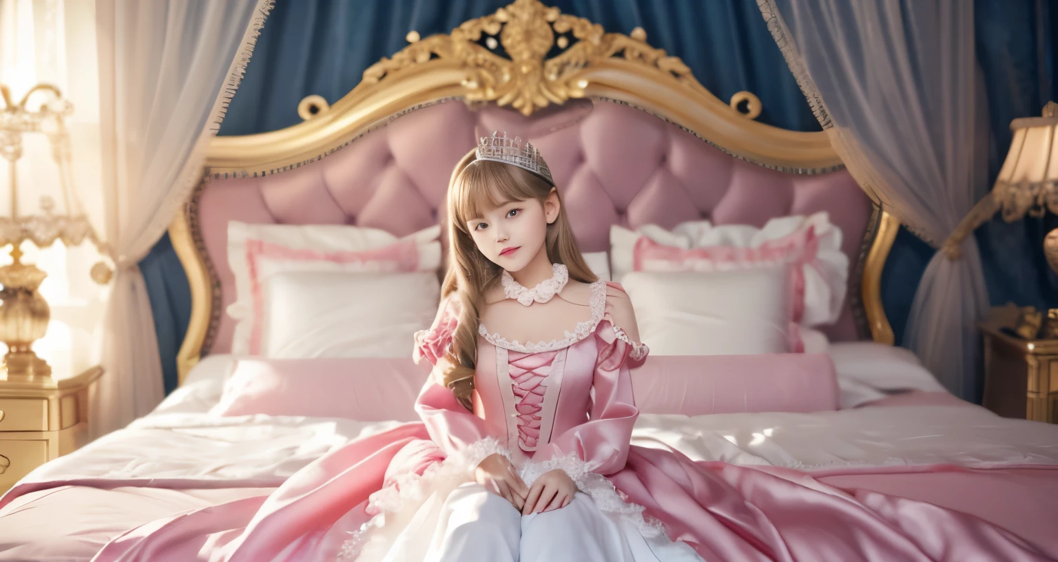 ,highest quality, masterpiece, highest resolution, artwork, super それにget used to it, many get used to it, get used to it, それにget used to it, 3K realistic photos,,(( When I was )),Super detailed baby face,She is a princess,Full length ball gown dress with hoop skirt,ruffled yoke collar,puff sleeves,long sleeve,((Lolita style pink detailed princess satin dress、Comes with lots of frills and ribbons。)),colorful rococo fashion,shiny satin dress,Soft and smooth fabric,luxury,long blonde hair,blue eyes,white skin european,pajamas,((inside the palace)),,,(( When I was 10 years old)),Sd baby face,Full length ball gown dress with hoop skirt,long skirt,ruffled yoke collar,puff sleeves,腰まで伸びるlong blonde hair,blue eyes,white skin european,pajamas,((inside the palace bedroom)),ピンクのシルクサテンのluxuryなcanopy bedの上,canopy bed,luxurious curtains under the canopy,many frilly pillows on the bed,super detailed background,Detailed bed,silk satin bed sheets,soft silk satin comforter,Soft silk satin ruffled pillow in pastel colors,romantic atmosphere,little princess is sitting on the bed,Don'Don't put your feet out to the side,Beautiful girl illustration,detailed beautiful face detailed hair,detailed human eye ,detailed mouth, arm details,fine hands,Detailed pillow,