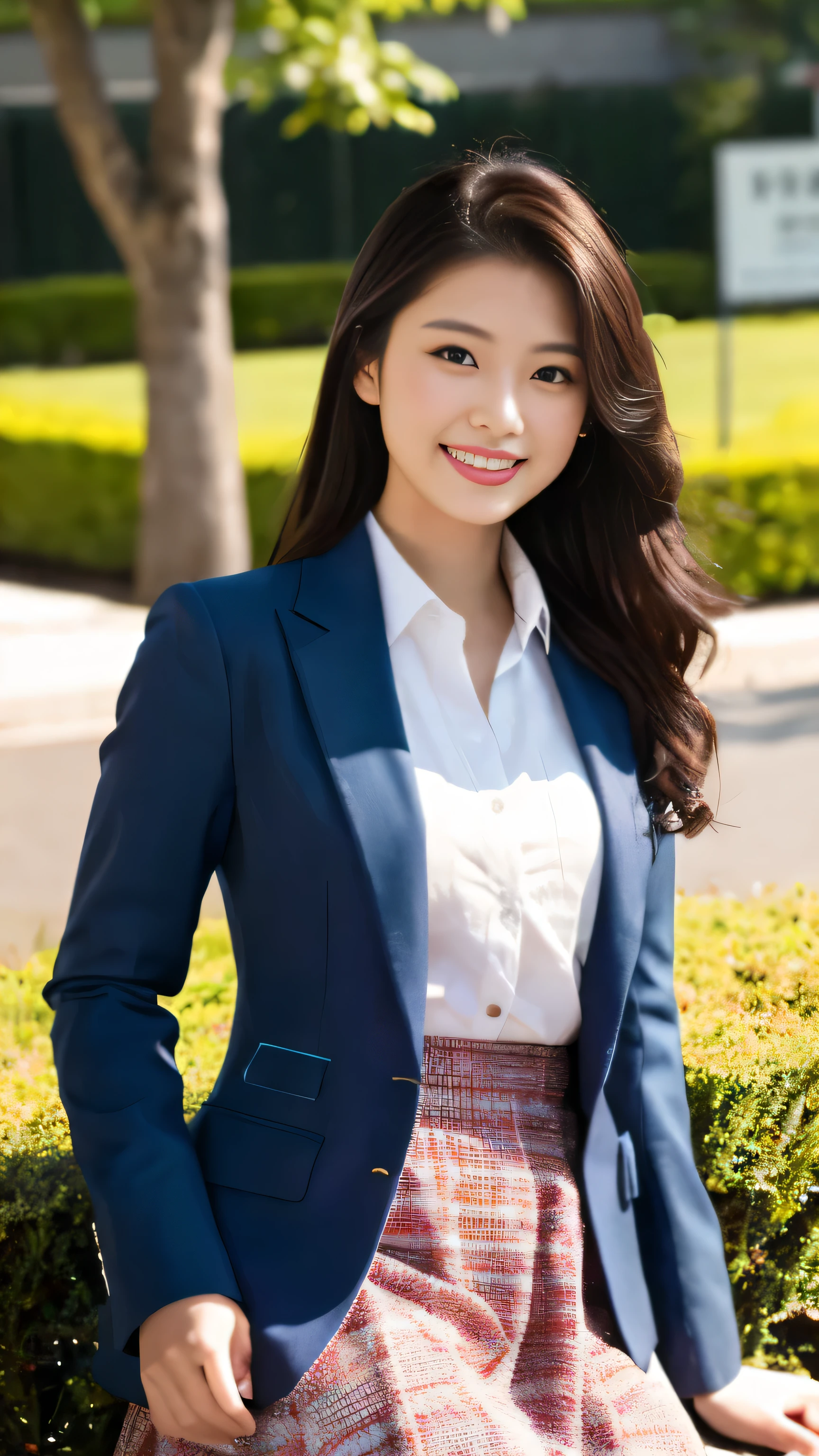 Full-body high-resolution image,Representative works, Highest image quality, 1girl, (While watching)), chestnut hair, Maroon eyes, long hair, Red Blazer, white shirt, red skirt, 163cm, facial details, 18-year-old, solo, long legs, smile, beautiful girl, High school girl beauty contest grand prize model
