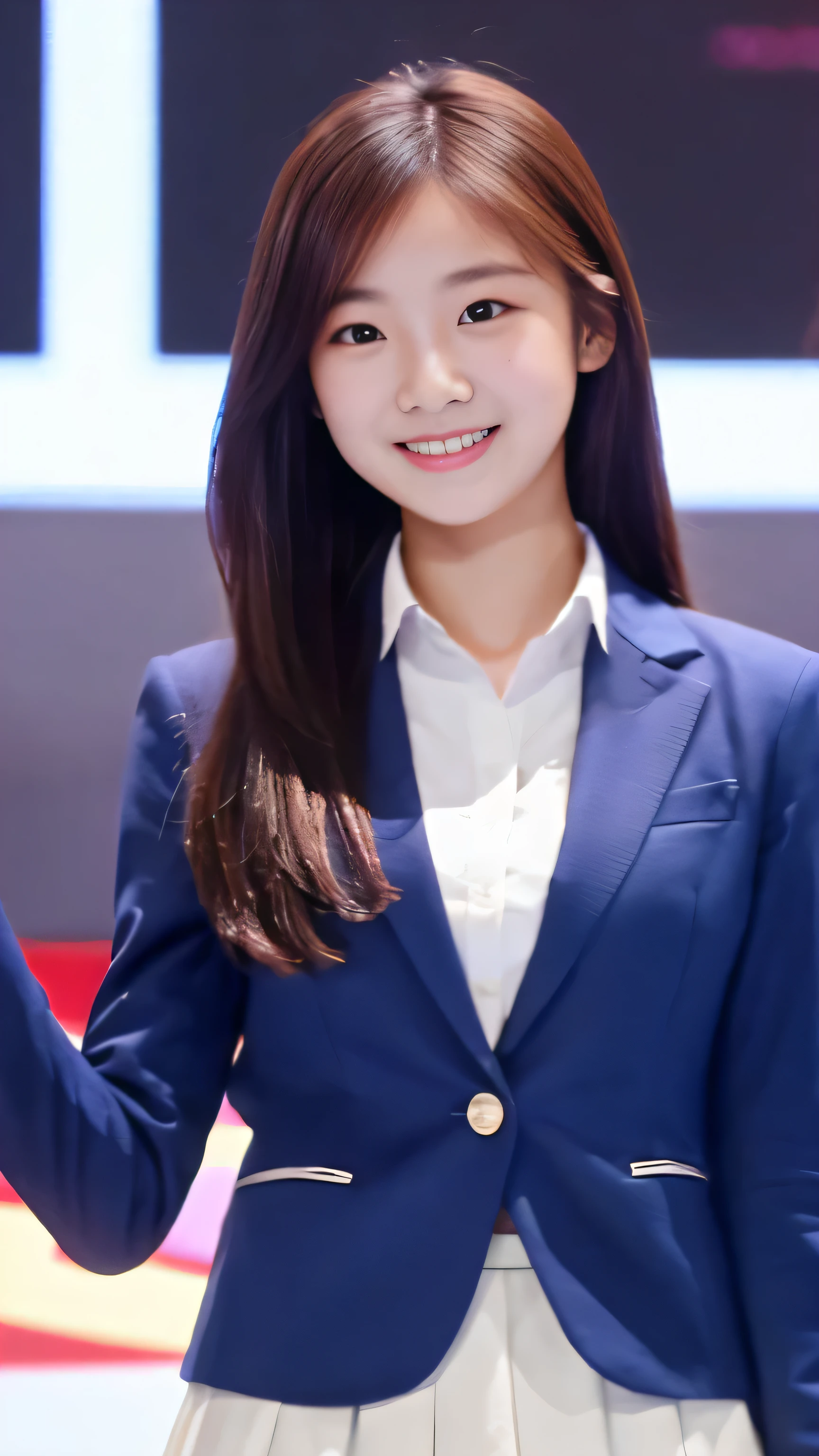 Representative works, Highest image quality, 1girl, (While watching)), chestnut hair, Maroon eyes, long hair, Dark blue blazer, white shirt, blue skirt, 163cm, facial details, 18-year-old, solo, long legs, smile, beautiful girl, High school girl beauty contest grand prize model