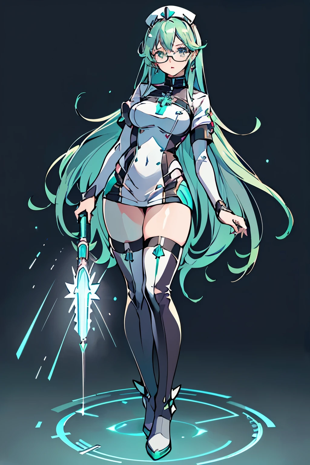 Anime, Girl, (((1girl))), (((Waifu, Xenoblade Chronicles 2, Pneuma Waifu))), (((Seafoam Green Hair, Long Hair))), ((Seafoam Green Eyes eyes:1.3, Upturned Eyes: 1, Perfect Eyes, Beautiful Detailed Eyes, Gradient eyes: 1, Finely Detailed Beautiful Eyes: 1, Symmetrical Eyes: 1, Big Highlight On Eyes: 1.2)), (((Lustrous Skin: 1.5, Bright Skin: 1.5, Skin Fair, Shiny Skin, Very Shiny Skin, Shiny Body, Plastic Glitter Skin, Exaggerated Shiny Skin, Illuminated Skin))), (Detailed Body, (Detailed Face)), Young, Idol Pose, (Best Quality), ((((Techwear))), (((Nurse Outfit))), (((Thigh-high Heeled Boots))), (((Reading Glasses))), (((Earrings)))), High Resolution, Sharp Focus, Ultra Detailed, Extremely Detailed, Extremely High Quality Artwork, (Realistic, Photorealistic: 1.37), 8k_Wallpaper, (Extremely Detailed CG 8k), (Very Fine 8K CG), ((Hyper Super Ultra Detailed Perfect Piece)), (((Flawlessmasterpiece))), Illustration, Vibrant Colors, (Intricate), High Contrast, Selective Lighting, Double Exposure, HDR (High Dynamic Range), Post-processing, Background Blur