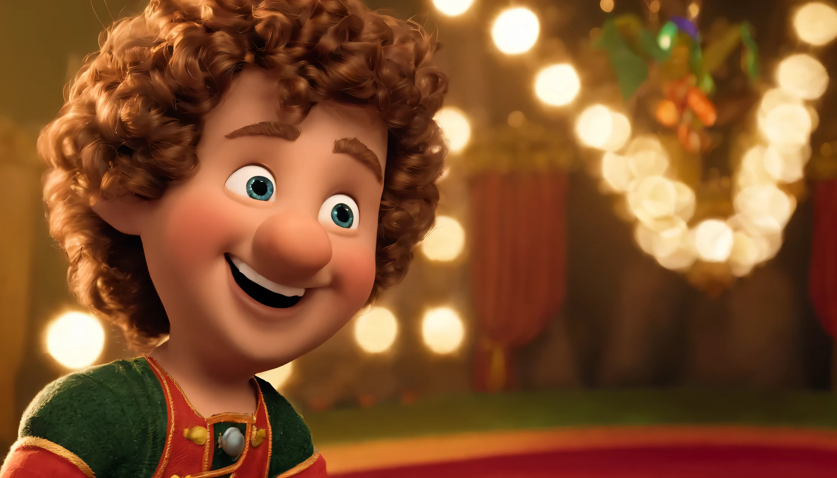 Pippin is on stage, holding a microphone, and delivering a funny joke with animated facial expressions. His facial features, including the wide grin, rosy cheeks, expressive eyes, and small button-like nose, remain consistent. The curly hair covers his ears and neck, maintaining the playful and animated appearance. Pippin wears a vibrant outfit with a mix of polka dots and stripes, consistent with promptTxt2Img. The audience, comprising children and adults, is depicted laughing and clapping with joy. The well-lit stage has colorful spotlights highlighting Pippin's energetic performance. Pippin features a wide, friendly grin with rosy cheeks and bright, expressive eyes. His eyes have a playful spark, and he sports distinctive eyebrows that convey mischievousness. Pippin's nose is small and button-like, contributing to his whimsical appearance. His lips are curved into a smile, reflecting a joyful and mischievous expression. The puppet's hair is curly, covering his ears and neck, offering an animated and lively look. Pippin is clean-shaven without any facial hair