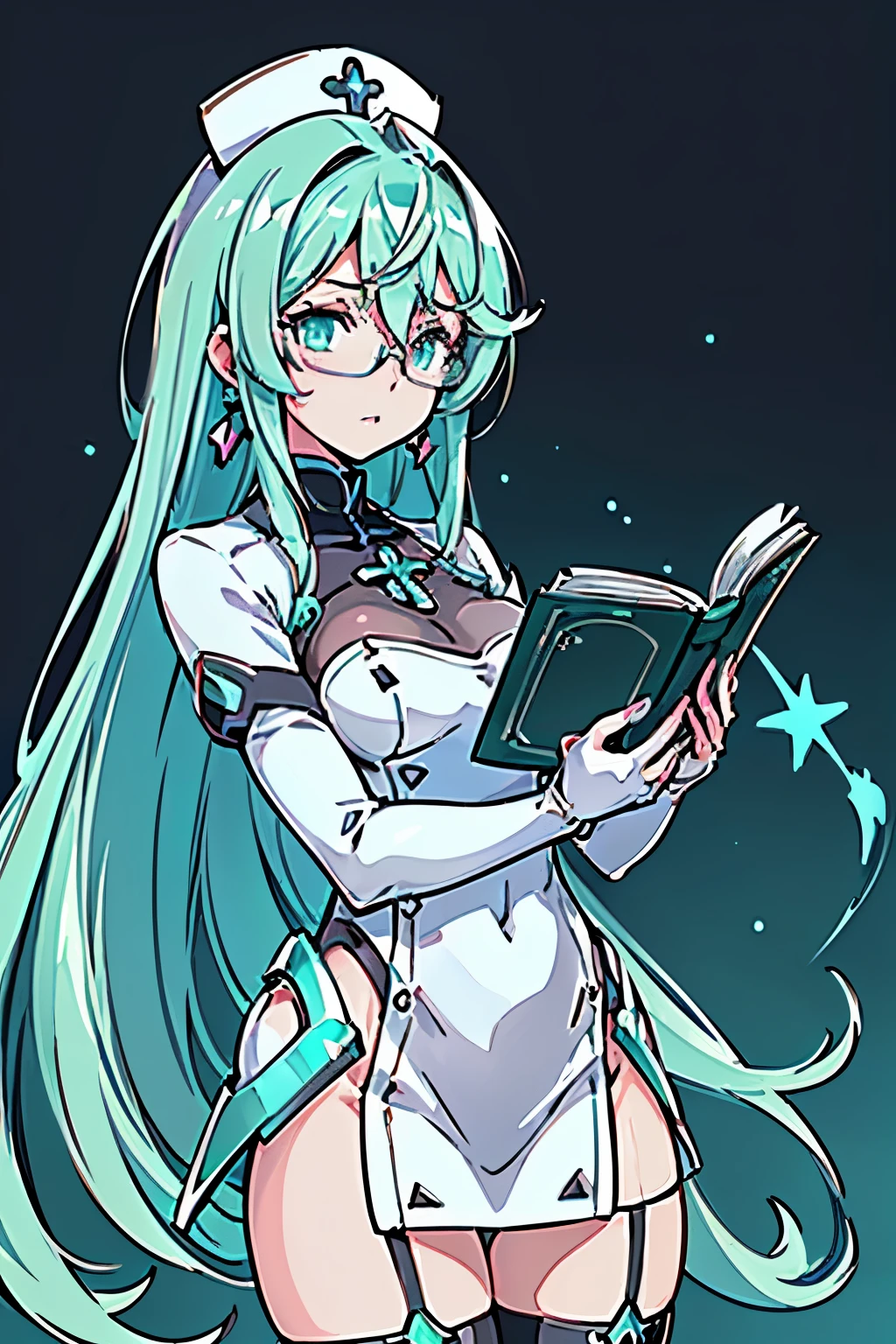 Anime, Girl, (((1girl))), (((Waifu, Xenoblade Chronicles 2, Pneuma Waifu))), (((Seafoam Green Hair, Long Hair))), ((Seafoam Green Eyes eyes:1.3, Upturned Eyes: 1, Perfect Eyes, Beautiful Detailed Eyes, Gradient eyes: 1, Finely Detailed Beautiful Eyes: 1, Symmetrical Eyes: 1, Big Highlight On Eyes: 1.2)), (((Lustrous Skin: 1.5, Bright Skin: 1.5, Skin Fair, Shiny Skin, Very Shiny Skin, Shiny Body, Plastic Glitter Skin, Exaggerated Shiny Skin, Illuminated Skin))), (Detailed Body, (Detailed Face)), Young, Idol Pose, (Best Quality), ((((Techwear))), (((Nurse Outfit))), (((Thigh-high Heeled Boots))), (((Reading Glasses))), (((Earrings)))), High Resolution, Sharp Focus, Ultra Detailed, Extremely Detailed, Extremely High Quality Artwork, (Realistic, Photorealistic: 1.37), 8k_Wallpaper, (Extremely Detailed CG 8k), (Very Fine 8K CG), ((Hyper Super Ultra Detailed Perfect Piece)), (((Flawlessmasterpiece))), Illustration, Vibrant Colors, (Intricate), High Contrast, Selective Lighting, Double Exposure, HDR (High Dynamic Range), Post-processing, Background Blur