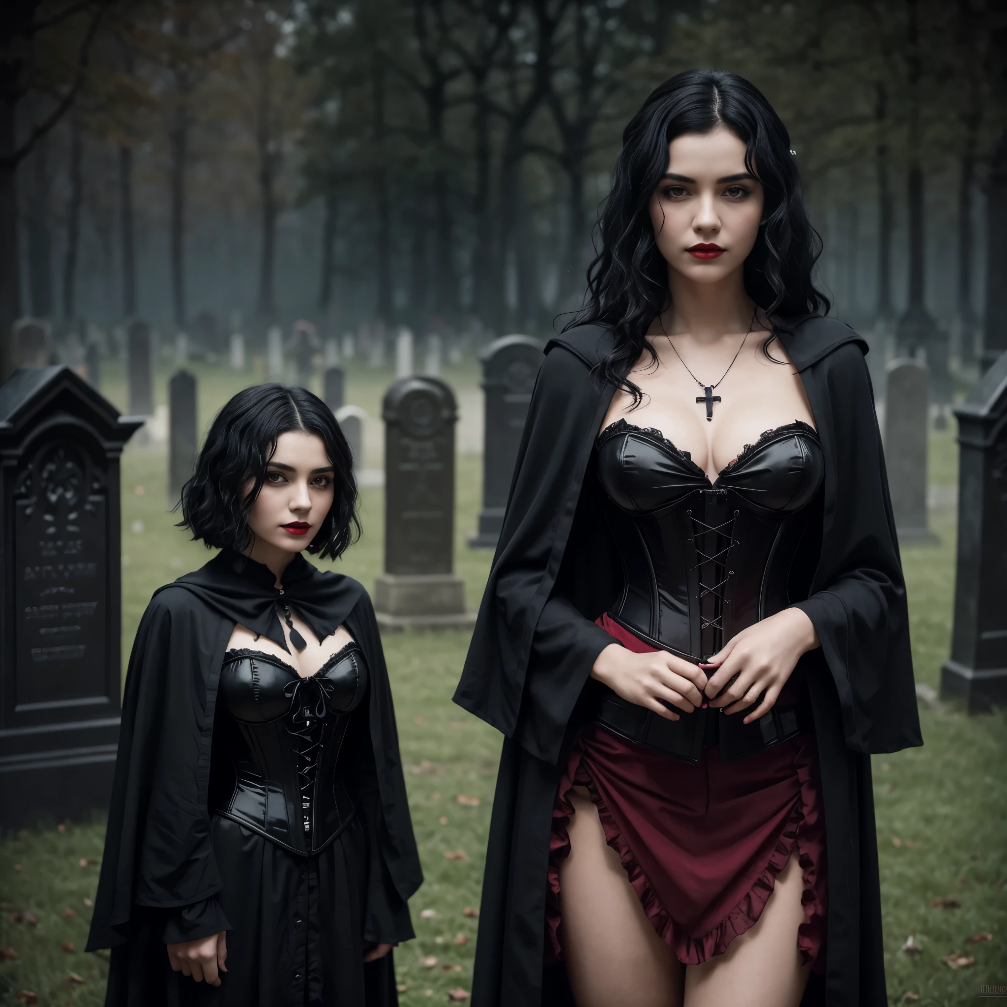 Beautiful 20 year old woman with short messy wavy black hair, wearing a red and black corset and black cloak with gothic qualities, standing in a cemetery at ht with fog holding an old style lantern, red lipstick, realistic skin texture, cross neckless, looking at camera, Gothic Art, photo realistic, 8k