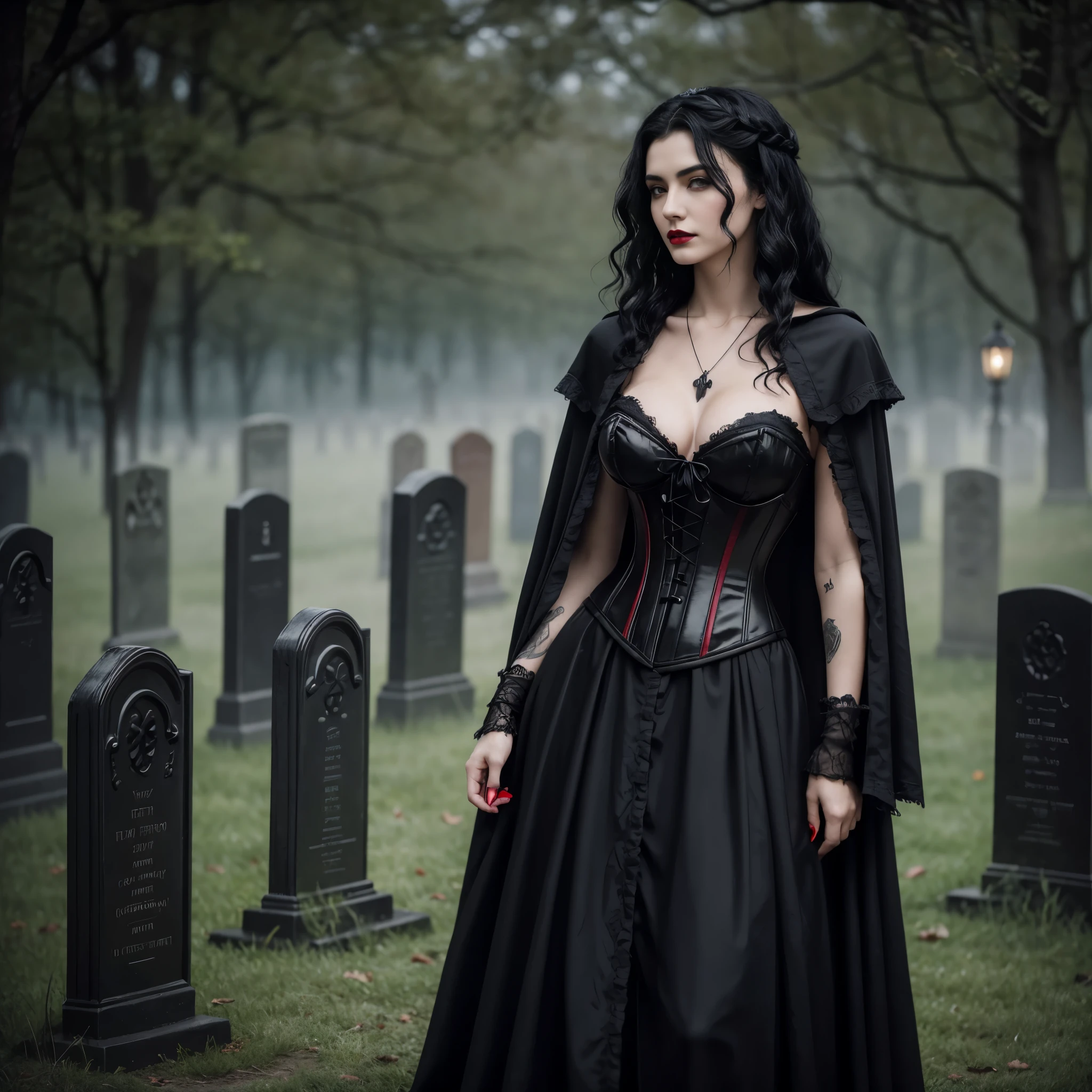 Beautiful 20 year old woman with short messy wavy black hair, wearing a red and black corset and black cloak with gothic qualities, standing in a cemetery at night with fog holding an old style lantern, red lipstick, realistic skin texture, cross neckless, looking at camera, Gothic Art, photo realistic, 8k