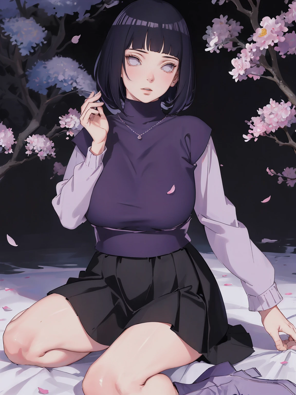 { - anatomy error} (Masterpiece - Ultra-detailed, very high resolution) (huge titusty, masterpiece, absurdres, hinata\(boruto\), 1girl, solo,mature female, lilac turtleneck blouse, high waist black long skirt, looking at viewelling petals), perfect composition, detailed lips, big breast, beautiful face, body propotion, blush, (pink lips), short hair, (black hair), purple eyes, soft gaze, super realistic, detailed, photoshoot, realistic face and body, closed mouth , lilac eyes, full body, sitting on the floor , back boots, hidden hands, perfect fingers, inocent face