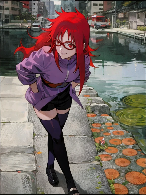 araffe with red hair and a violet jacket posing for a picture, cute girl with long red hair, karin uzumaki, uzumaki karin, red hair, red eyes, glasses, cute, smiling, anime girl in real life,red girl, saiyan girl, flowing red hair, red iconic character, 8 0 s anime vibe,red spiky hair