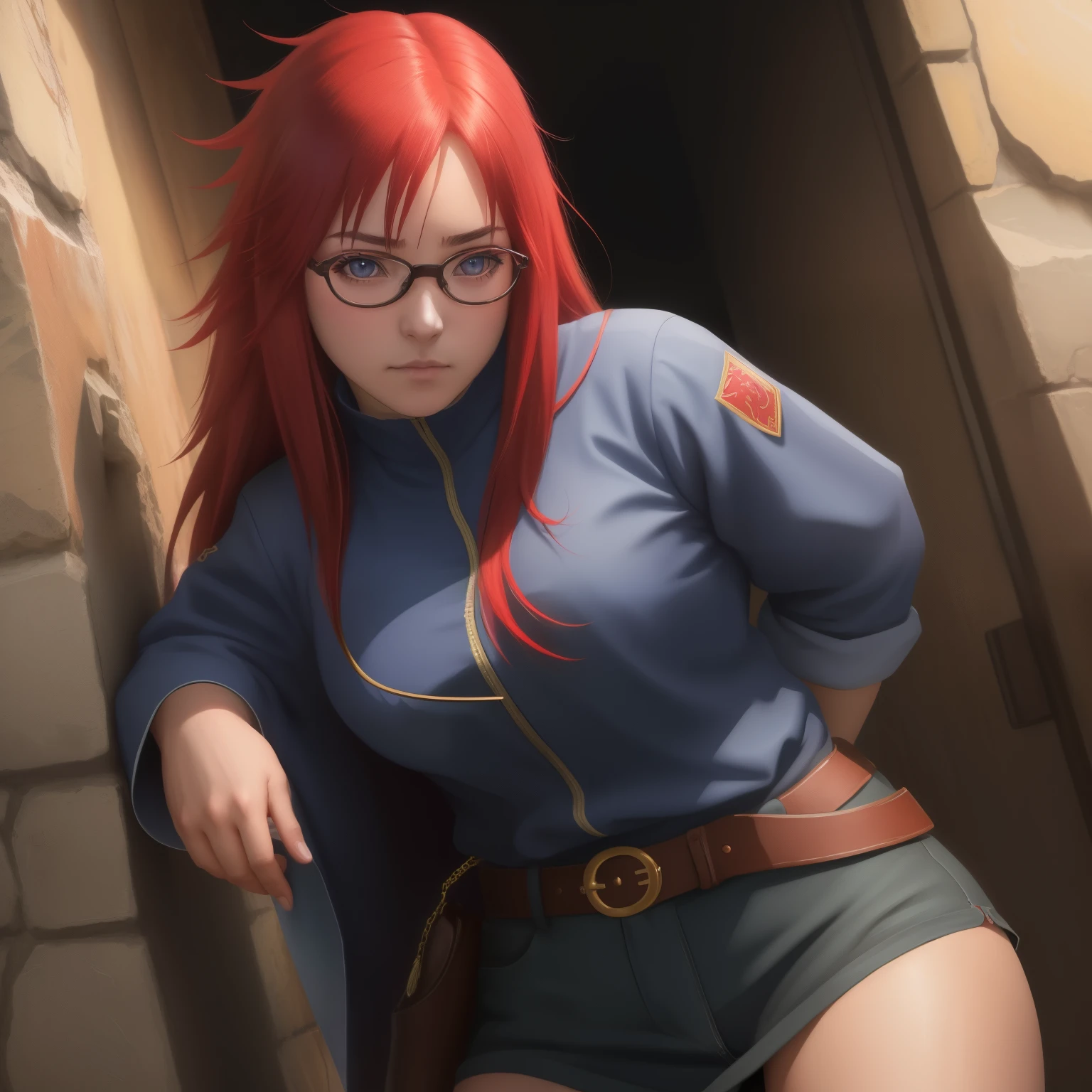 8k, masterpiece, best quality, realistic, higly detailed, cowboy shot, 1girl, solo, itsuki, serious looking girl, medium-length hair, expressive ahoge, red hair, red eyes, glasses, a pair of star-shaped hairpins near both of her eyes, dark blue eyes, average height, well-endowed figure, glasses, cute, dragon of wrath