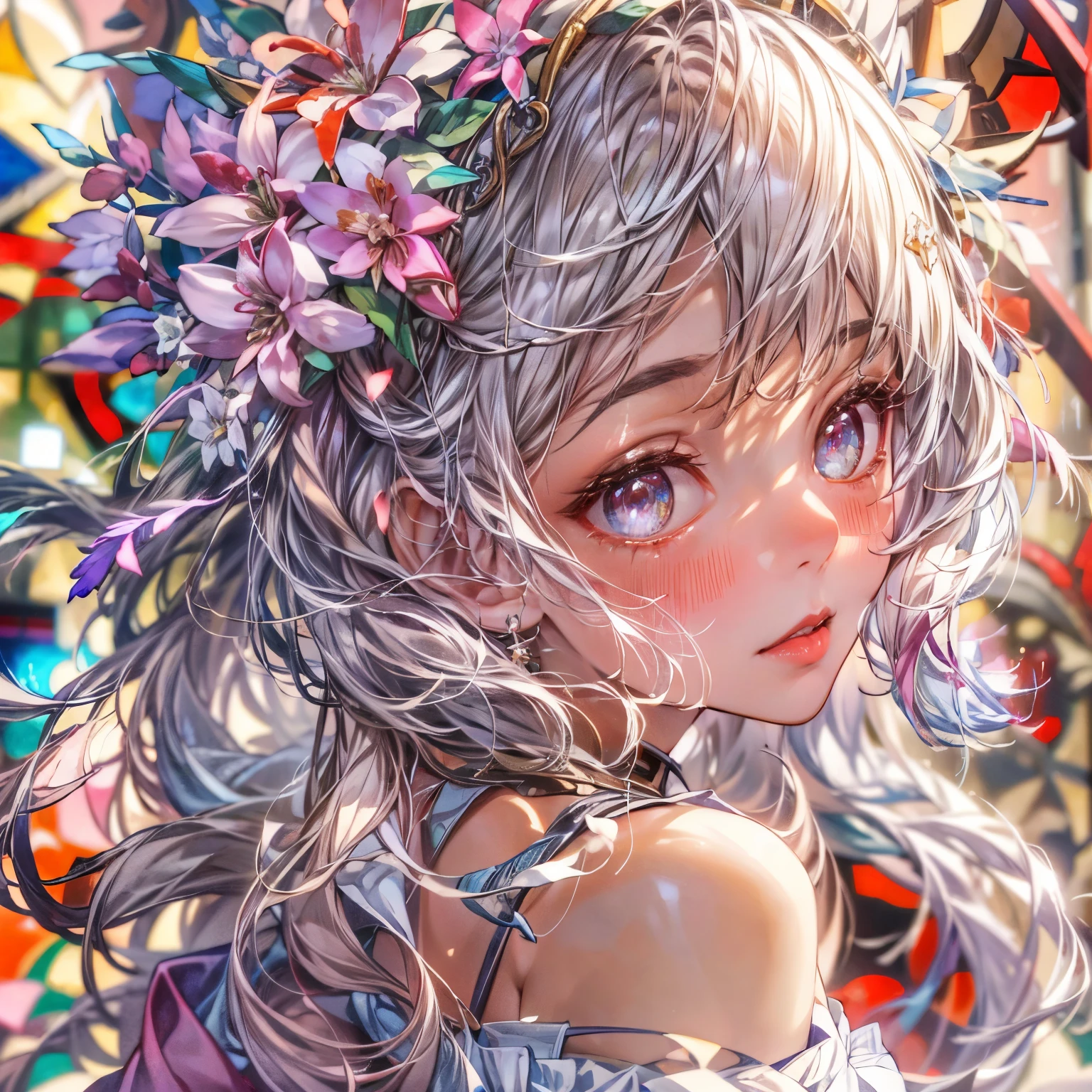 KAWAII girl in ((WHITE)) off shoulder, with Glossy RED lips, (Exposed:0.7), (nipple:-1), { Extremely closeup | Dynamic-angle }, ((Dazzling stained glass Background)), (( colorful Light pours down from stunning elaborate stained glass:1.2)), vivid Red colors . ((Acutance:0.8, physically-based 3D rendering with Volumetric lighting)), (masterpiece:1.2) of professional Analog photo with Hasselblad open aperture, (8K, ultra-detailed:1.35), (realistic, photorealistic, ((photo-realistic:1.37))with touch of rawness) . ((Renbutsu Misako)), (Extremely detailed KAWAII face variations, with Dynamic expressions),  (detailed eyes with sparkling highlights), captivating gaze, long eyelashes, subtle blush on the face, rosy cheeks, impeccable ivory skin texture . { full of flowers covering and surrounding girl's body | Dancing petals | Mystic sight | God rays | haze | Light Particle | Luminous Particle | Lens Flare | A Halo in the air | Overflowing underboob | Button Undoned } . (((Large eyes:-1))) .