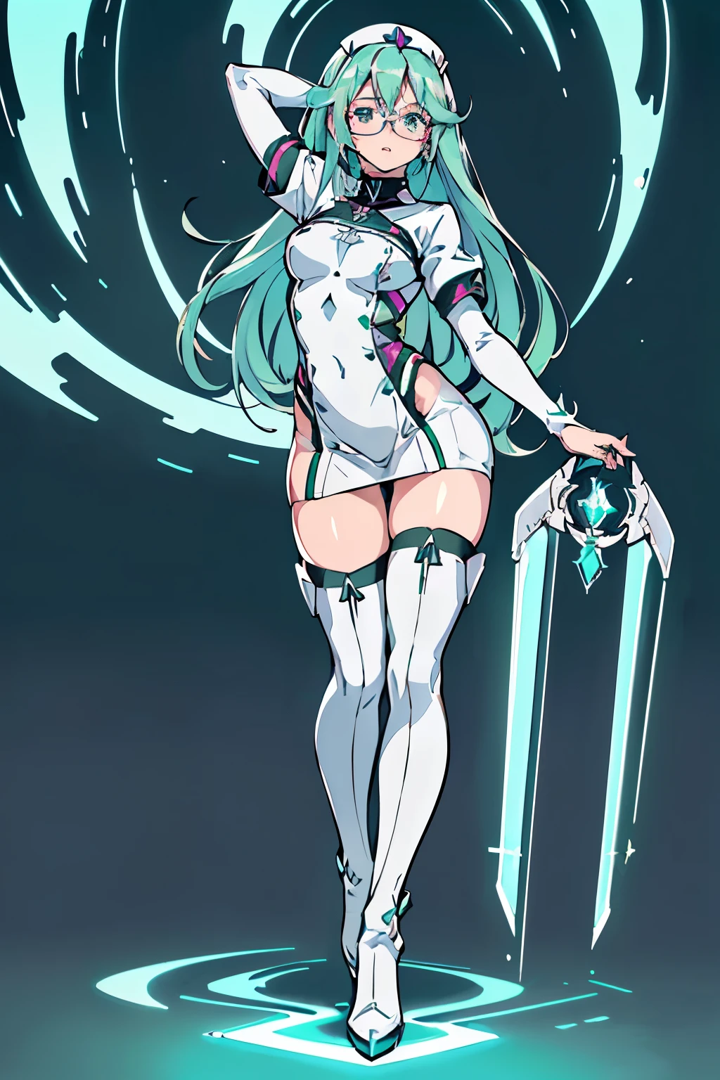 Anime, Girl, (((1girl))), (((Waifu, Xenoblade Chronicles 2, Pneuma Waifu))), (((Seafoam Green Hair, Long Hair))), ((Seafoam Green Eyes eyes:1.3, Upturned Eyes: 1, Perfect Eyes, Beautiful Detailed Eyes, Gradient eyes: 1, Finely Detailed Beautiful Eyes: 1, Symmetrical Eyes: 1, Big Highlight On Eyes: 1.2)), (((Lustrous Skin: 1.5, Bright Skin: 1.5, Skin Fair, Shiny Skin, Very Shiny Skin, Shiny Body, Plastic Glitter Skin, Exaggerated Shiny Skin, Illuminated Skin))), (Detailed Body, (Detailed Face)), Young, Idol Pose, (Best Quality), ((((Techwear))), (((Nurse Outfit))), (((Thigh-high Heeled Boots))), (((Reading Glasses))), (((Earrings)))), High Resolution, Sharp Focus, Ultra Detailed, Extremely Detailed, Extremely High Quality Artwork, (Realistic, Photorealistic: 1.37), 8k_Wallpaper, (Extremely Detailed CG 8k), (Very Fine 8K CG), ((Hyper Super Ultra Detailed Perfect Piece)), (((Flawlessmasterpiece))), Illustration, Vibrant Colors, (Intricate), High Contrast, Selective Lighting, Double Exposure, HDR (High Dynamic Range), Post-processing, Background Blur