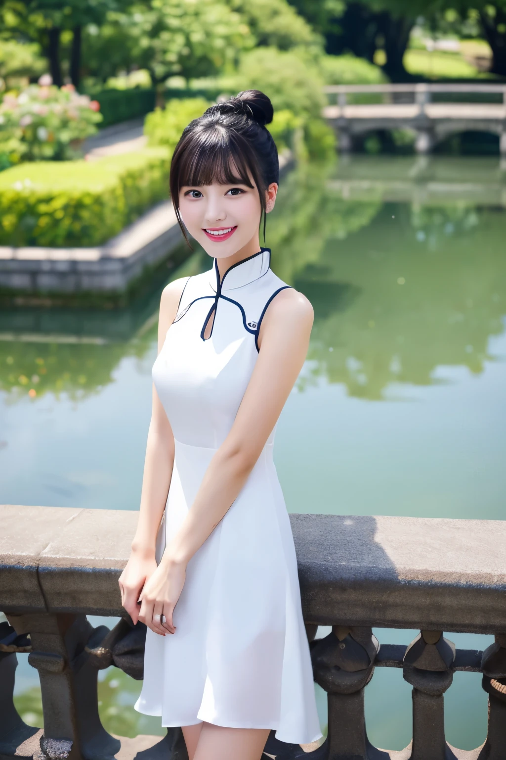 Twin Bun Hair、black hair、With bangs、smile、sexy body、Short length white sexy cheongsam dress、on the bridge over the pond、staring at me、love me