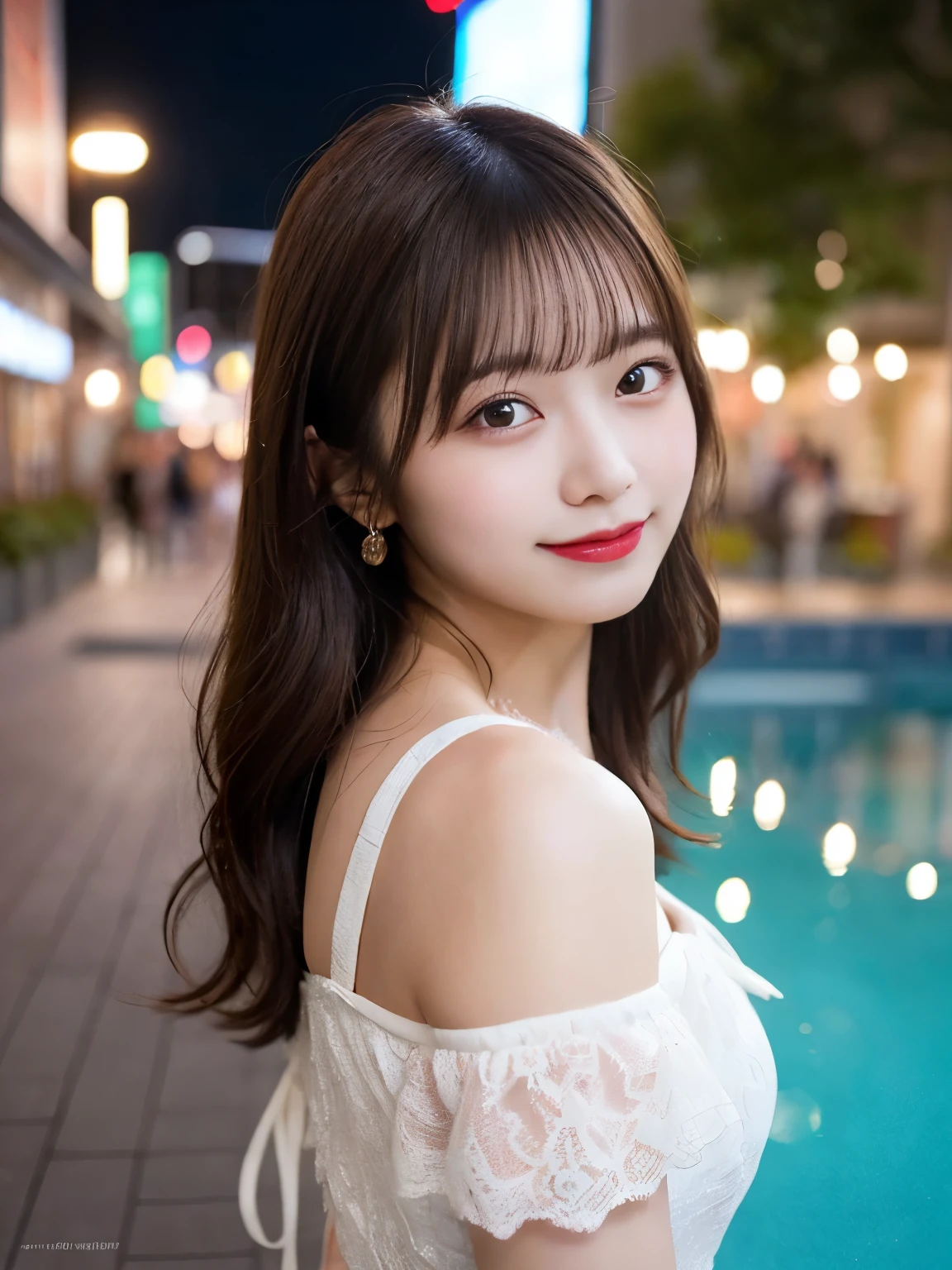 masutepiece, Best Quality, Illustration, Ultra-detailed, finely detail, hight resolution, 8K Wallpaper, Perfect dynamic composition, Beautiful detailed eyes, she is wearing a black dress,Medium Hair,Natural Color Lip, Bold sexy poses,Smile,Harajuku、20 years girl、Cute、Sexy shot looking at camera、C Cup、Brown hair、caste-like face、Blurry night pool background
