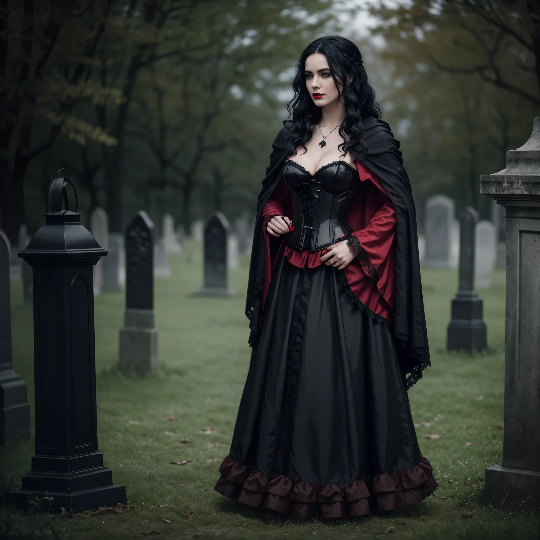 Beautiful 20 year old woman with short messy wavy black hair, wearing a red and black corset and black cloak with gothic qualities, standing in a cemetery at night with fog holding an old style lantern, red lipstick, realistic skin texture, cross neckless, looking at camera, Gothic Art, photo realistic, 8k