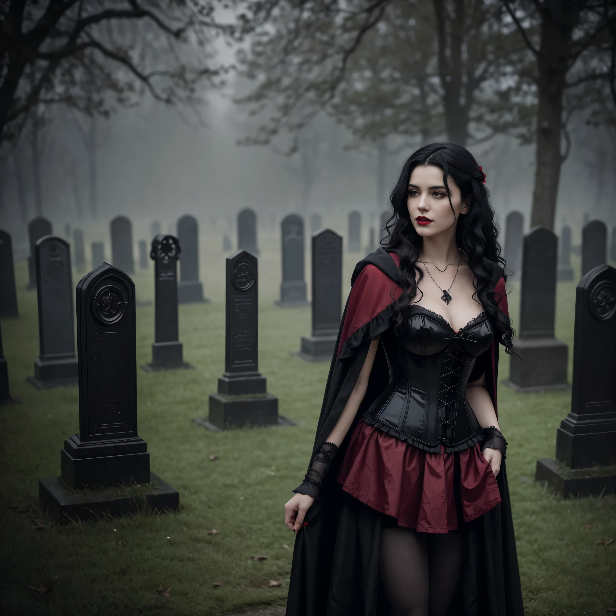 Beautiful 20 year old woman with short messy wavy black hair, wearing a red and black corset and black cloak with gothic qualities, standing in a cemetery at night with fog holding an old style lantern, red lipstick, realistic skin texture, cross neckless, looking at camera, Gothic Art, photo realistic, 8k