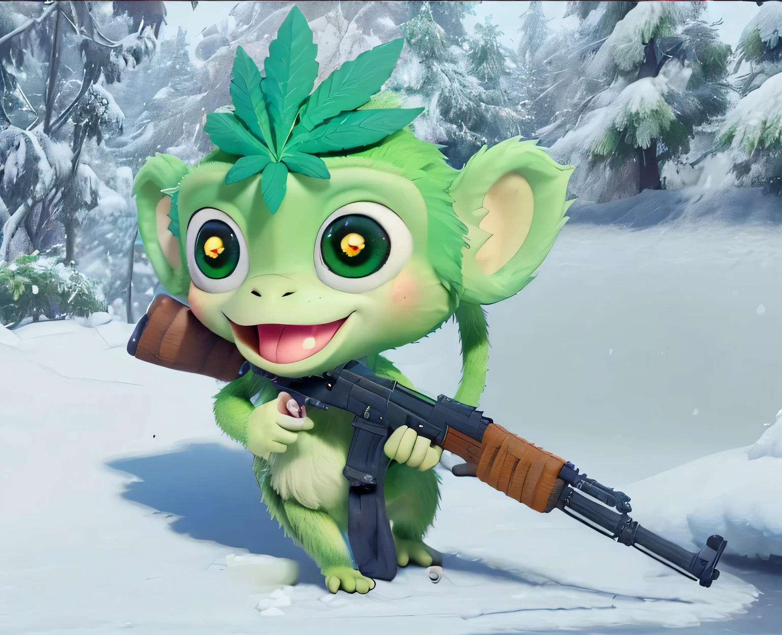 Green monkey, with a cannabis leaf on the head, walking in the snow, holding an AK47