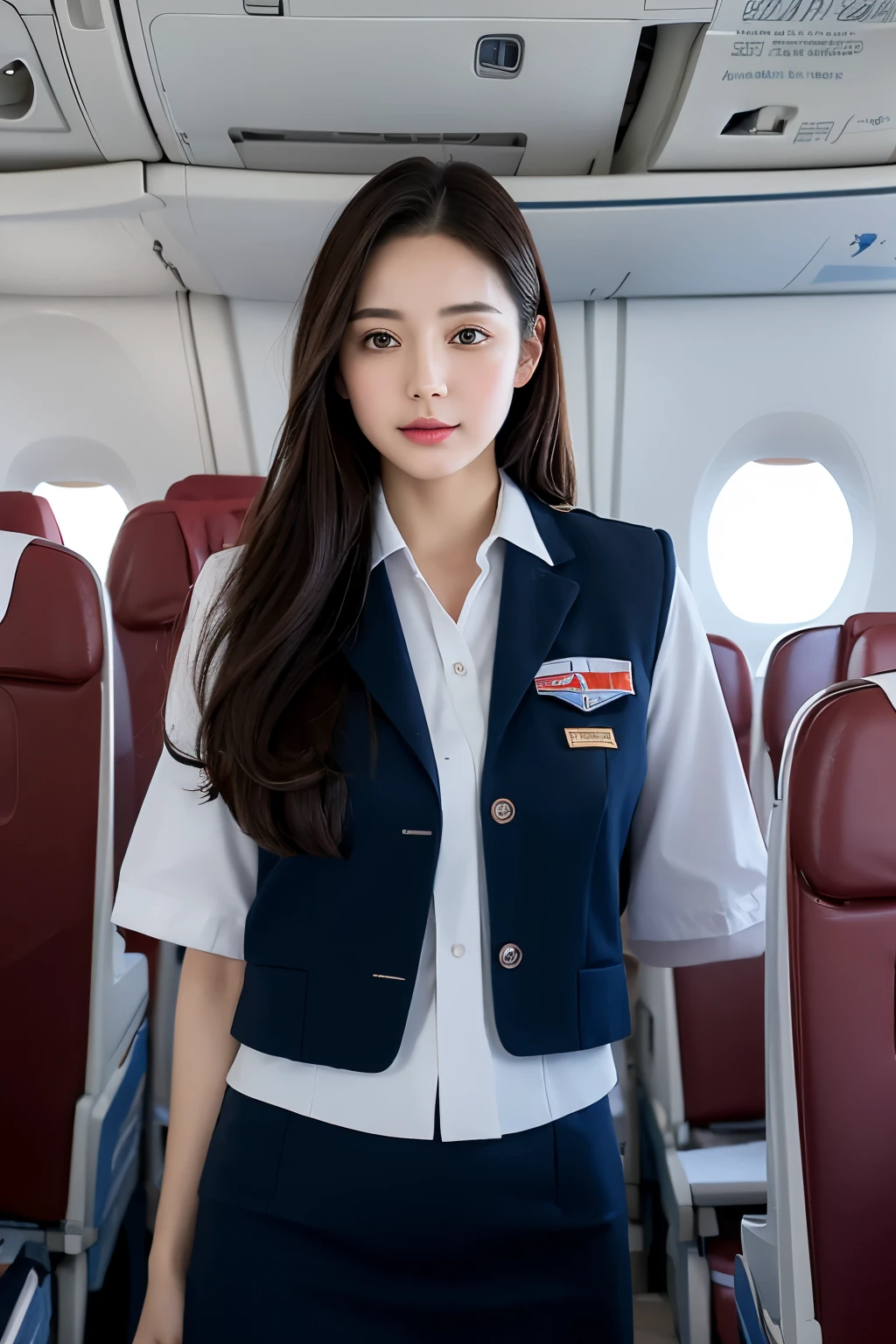 Top Quality, Masterpiece, 8K, Ultra High Definition, (Photorealistic: 1.4), 1 Girl, Beautiful Face, Symmetrical Eyes, Big, Perfect Body Proportions, Stewardess Uniform, Viewer's Look, (Inside the Airplane: 1.2), Front View, Shoulder Jump, Absolute Area (1.3),