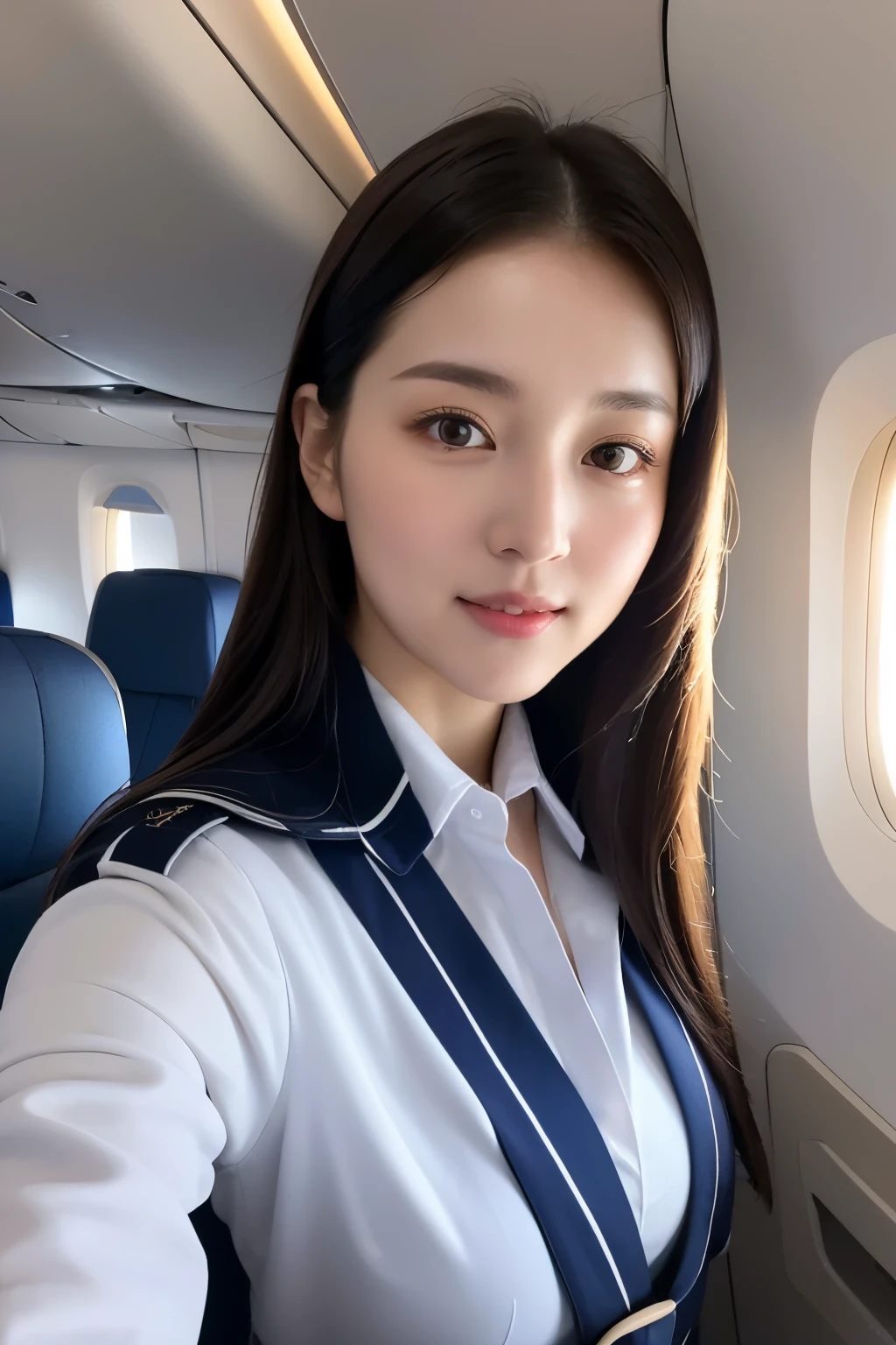 Top Quality, Masterpiece, 8K, Ultra High Definition, (Photorealistic: 1.4), 1 Girl, Beautiful Face, Symmetrical Eyes, Big, Perfect Body Proportions, Stewardess Uniform, Viewer's Look, (Inside the Airplane: 1.2), Front View, Shoulder Jump, Absolute Area (1.3),