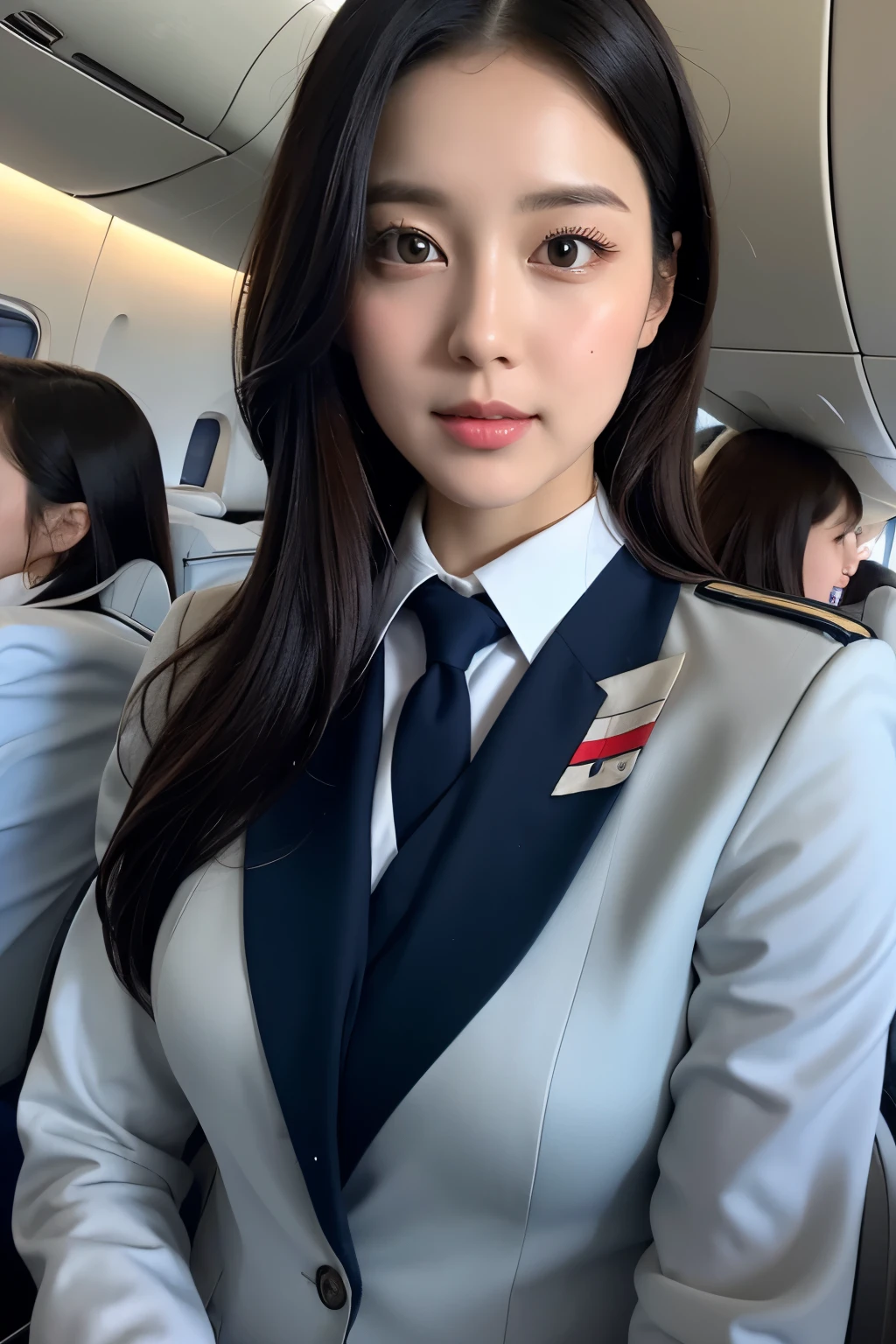 Top Quality, Masterpiece, 8K, Ultra High Definition, (Photorealistic: 1.4), 1 Girl, Beautiful Face, Symmetrical Eyes, Big, Perfect Body Proportions, Stewardess Uniform, Viewer's Look, (Inside the Airplane: 1.2), Front View, Shoulder Jump, Absolute Area (1.3),