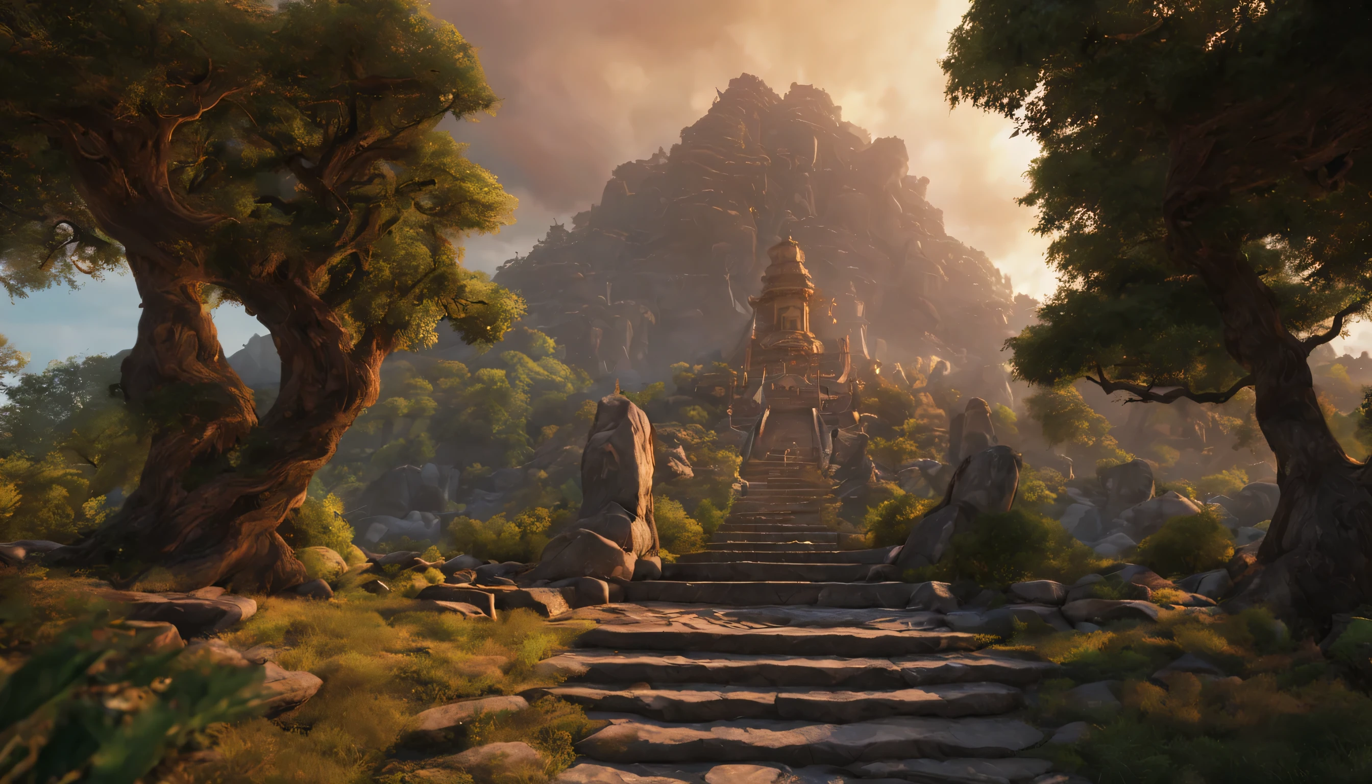 KING Solomon, queima de incenso, altar de pedra alto, Cinematic Realistic, topo da montanha, trees around, 8k, detalhado, 