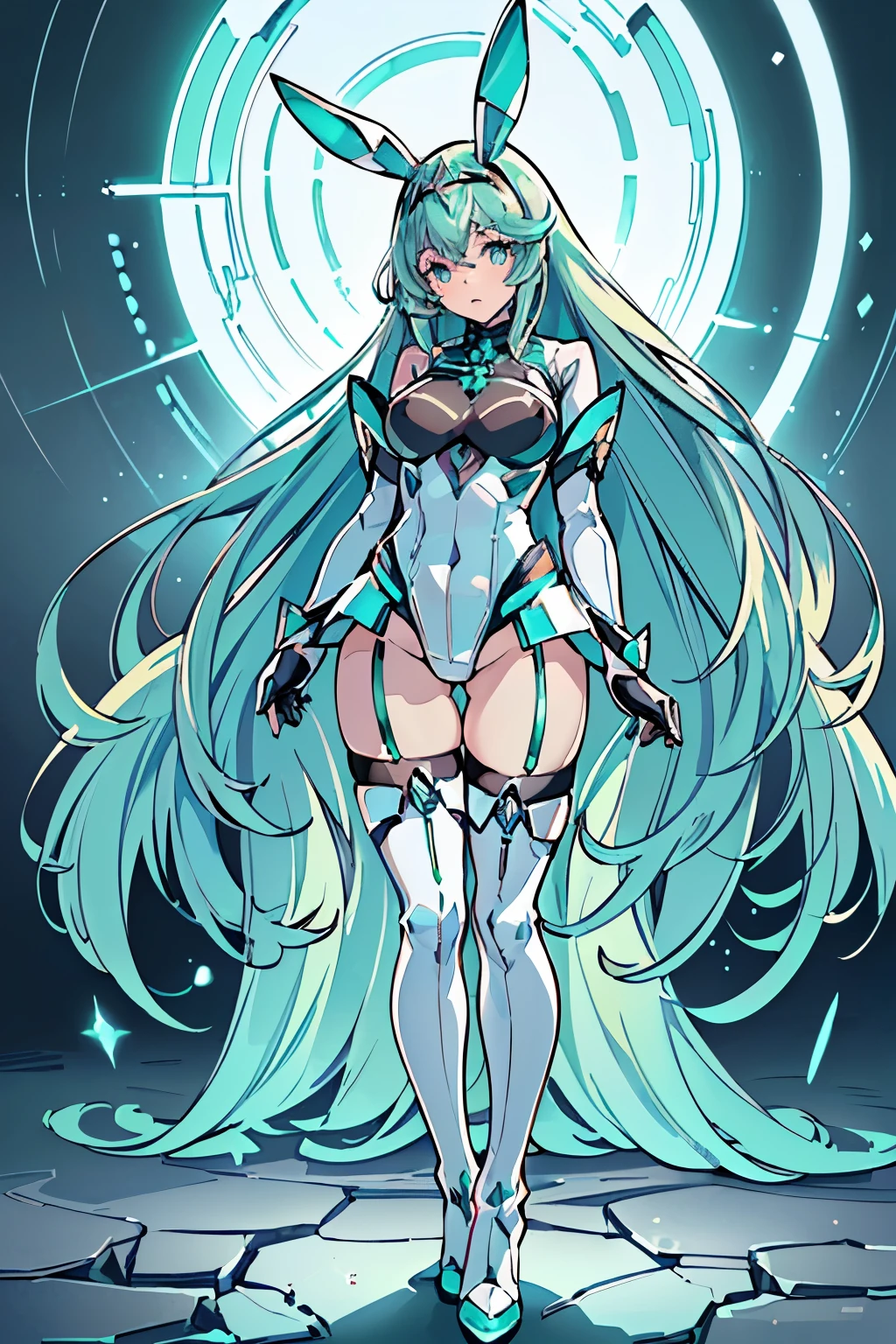 Anime, Girl, (((1girl))), (((Waifu, Xenoblade Chronicles 2, Pneuma Waifu))), (((Seafoam Green Hair, Long Hair))), ((Seafoam Green Eyes eyes:1.3, Upturned Eyes: 1, Perfect Eyes, Beautiful Detailed Eyes, Gradient eyes: 1, Finely Detailed Beautiful Eyes: 1, Symmetrical Eyes: 1, Big Highlight On Eyes: 1.2)), (((rous Skin: 1.5, Bright Skin: 1.5, Skin Fair, Shiny Skin, Very Shiny Skin, Shiny Body, Plastic Glitter Skin, Exaggerated Shiny Skin, Illuminated Skin))), (Detailed Body, (Detailed Face)), Young, Idol Pose, (Best Quality), ((((Techwear))), (((Bunny Girl Outfit))), (((Thigh-high Heeled Boots))), High Resolution, Sharp Focus, Ultra Detailed, Extremely Detailed, Extremely High Quality Artwork, (Realistic, Photorealistic: 1.37), 8k_Wallpaper, (Extremely Detailed CG 8k), (Very Fine 8K CG), ((Hyper Super Ultra Detailed Perfect Piece)), (((Flawlessmasterpiece))), Illustration, Vibrant Colors, (Intricate), High Contrast, Selective Lighting, Double Exposure, HDR (High Dynamic Range), Post-processing, Background Blur