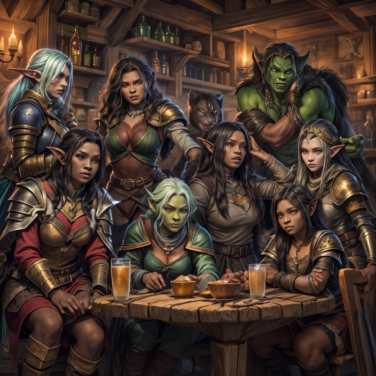 (((female halfling rogue))), (((midnight skinned female drow sorceress))), (((beautiful green skinned female half-orc warrior))), (((human female paladin))), (((female dwarven cleric))), (((female driad druid))), (((female human ranger with panther companion))), all gathered at a mideval tavern celebrating a victory