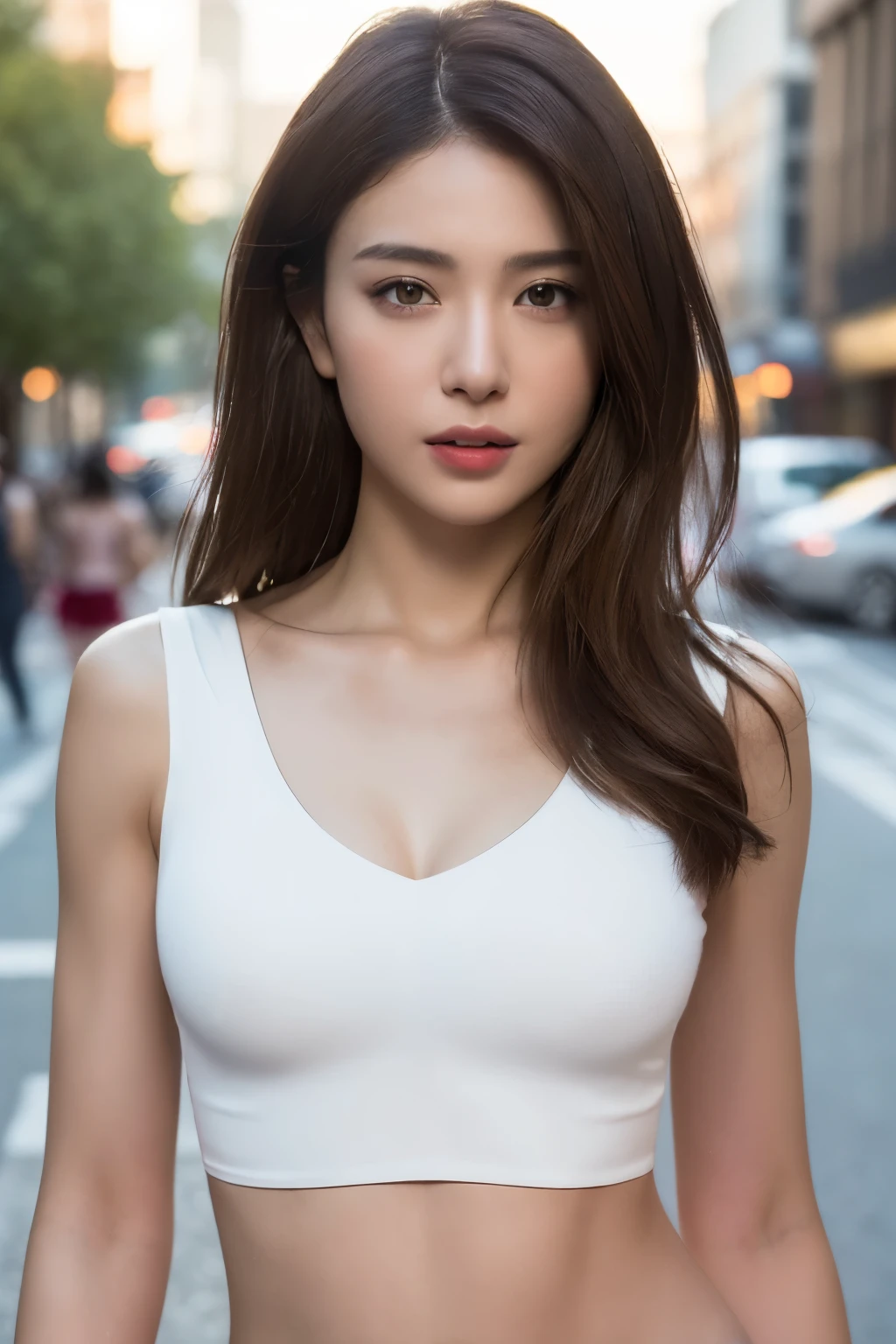 ((Realistic lighting, Best quality, 8K, Masterpiece: 1.3)), Clear focus: 1.2, 1girl, Perfect Figure: 1.4, Slim Abs: 1.1, ((Dark brown hair)), (White crop top: 1.4), (Outdoor, Night: 1.1), City streets, Super fine face, Fine eyes, Double eyelids,