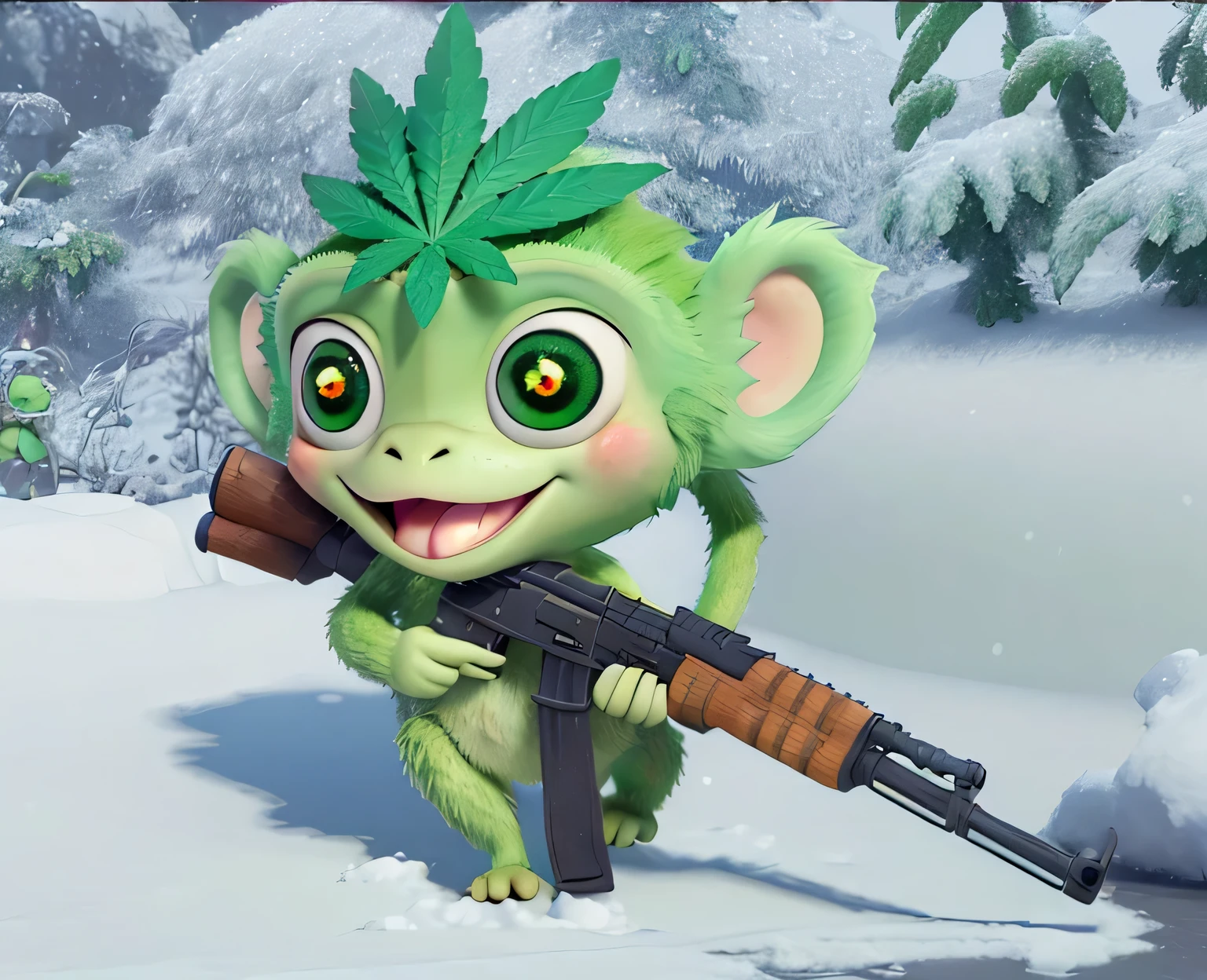 Green monkey, with a cannabis leaf on the head, walking in the snow, holding an AK47