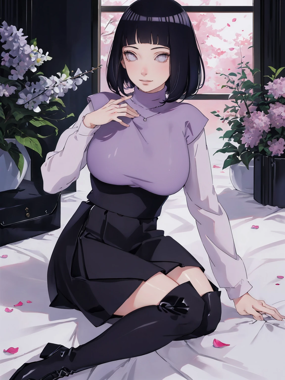 { - anatomy error} (Masterpiece - Ultra-detailed, very high resolution) (huge titusty, masterpiece, absurdres, hinata\(boruto\), 1girl, solo,mature female, lilac turtleneck blouse, high waist black long skirt, looking at viewelling petals), perfect composition, detailed lips, big breast, beautiful face, body propotion, blush, (pink lips), short hair, (black hair), purple eyes, soft gaze, super realistic, detailed, photoshoot, realistic face and body, closed mouth , lilac eyes, full body, sitting on the floor , back boots, hidden hands, perfect fingers, inocent face, simple smile