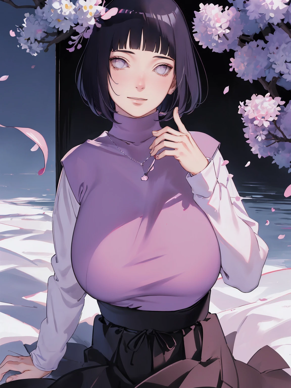{ - anatomy error} (Masterpiece - Ultra-detailed, very high resolution) (huge titusty, masterpiece, absurdres, hinata\(boruto\), 1girl, solo,mature female, lilac turtleneck blouse, black pant, looking at viewelling petals), perfect composition, detailed lips, big breast, beautiful face, body propotion, blush, (pink lips), short hair, (black hair), purple eyes, soft gaze, super realistic, detailed, photoshoot, realistic face and body, closed mouth , lilac eyes, upper body, hidden hands, perfect fingers, inocent face, portrait