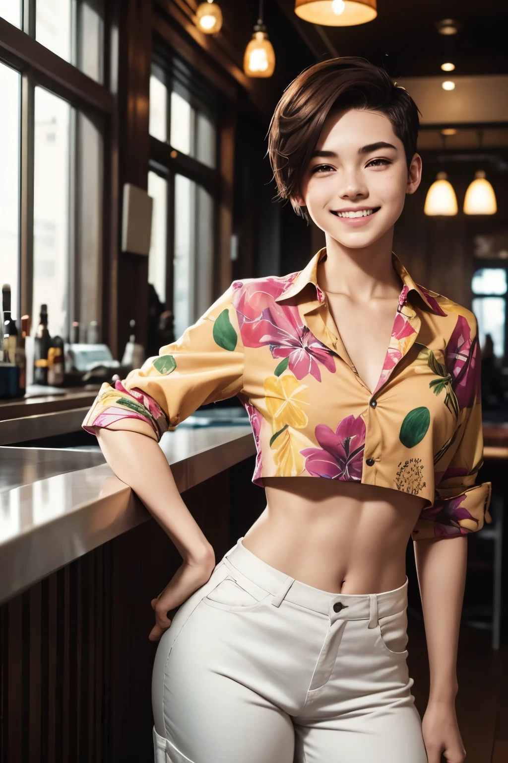 A young androgynous female bartender with a undercut. Laughing. Tomboyish. Happy. Slim. Very short manly haircut. Dark-brown hair. Sides shaved, undercut. Very pale skin with freckles and liverspots. A soft round face with freckles and liverspots. Upturned dark-brown eyes. Very thin and barley visible eyebrows. A long and wide nose. Wide curved lips. Round chin. Slim body. Wide hips. Thick legs. A wide Colourful Hawaiian shirt and wide short pants. Beautiful sunshine megacity.