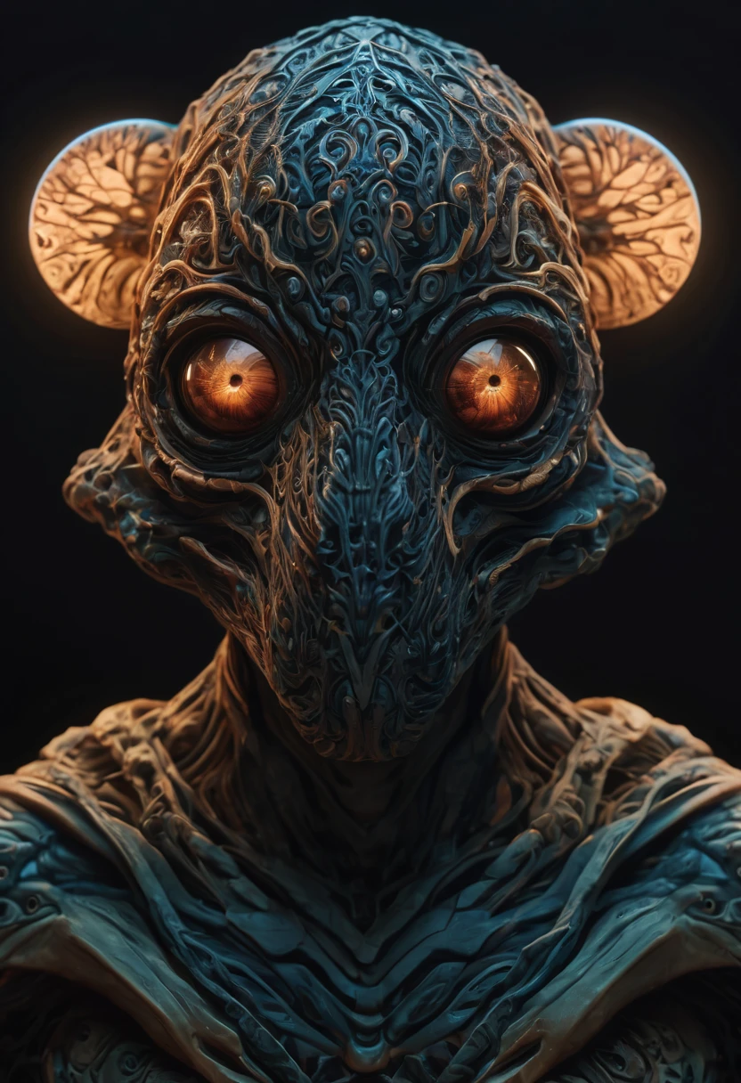 (best quality,4k,8k,highres,masterpiece:1.2),ultra-detailed,(realistic,photorealistic,photo-realistic:1.37),HDR,UHD,studio lighting,ultra-fine painting,sharp focus,physically-based rendering,extreme detail description,professional,vivid colors,bokeh,creepy. Create a description of unique and never-before-seen magical creatures from Mars. These creatures are known for their dark and mysterious nature, yet they possess a certain cuteness that is both intriguing and captivating. The creatures are characterized by their intricate zentangle patterns, which give them a 3D crunch effect and a cinematic appearance. What sets them apart is the bioluminescent glow emitted from their zentangle lines, creating a mesmerizing and ethereal ambiance.