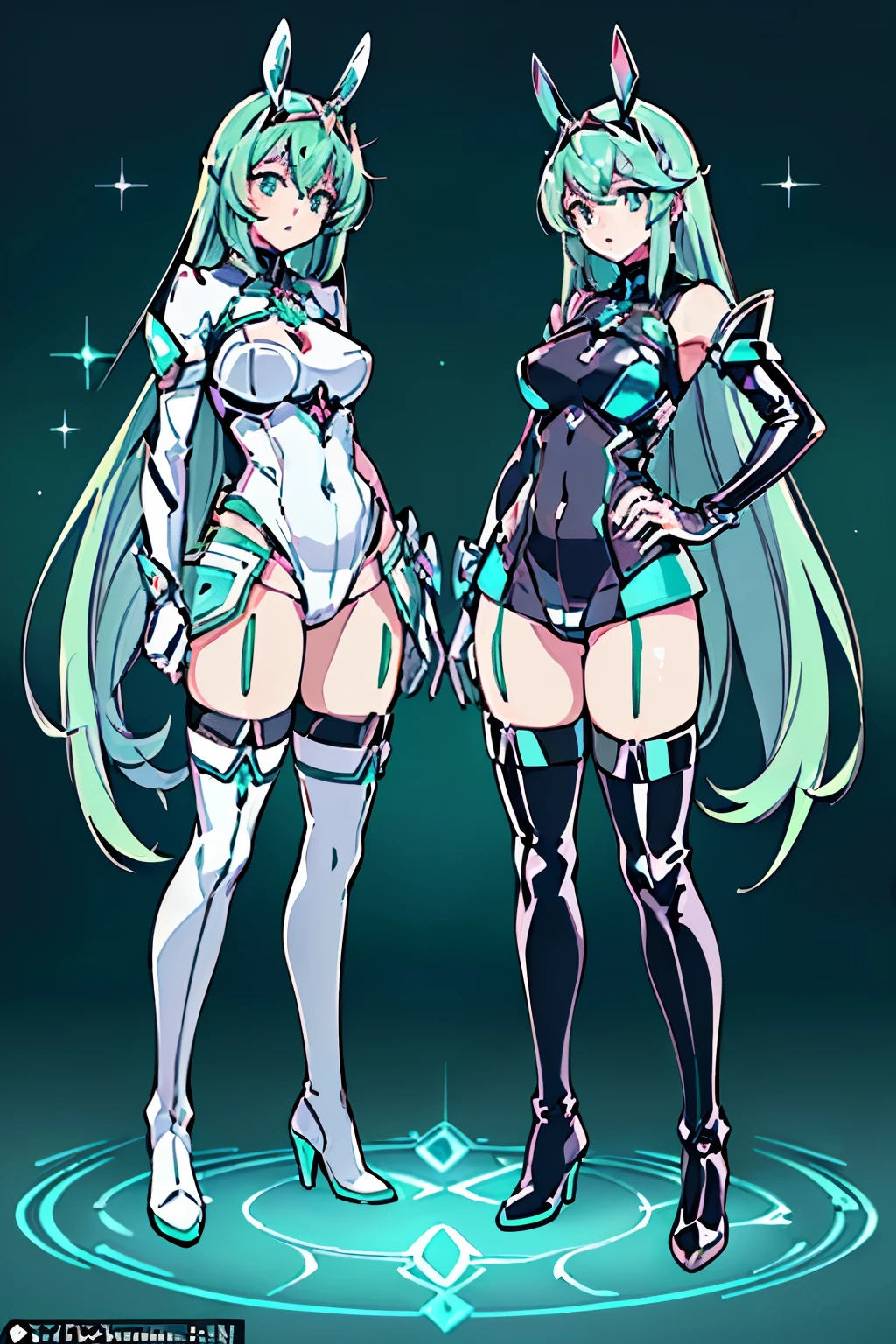 Anime, Girl, (((1girl))), (((Waifu, Xenoblade Chronicles 2, Pneuma Waifu))), (((Seafoam Green Hair, Long Hair))), ((Seafoam Green Eyes eyes:1.3, Upturned Eyes: 1, Perfect Eyes, Beautiful Detailed Eyes, Gradient eyes: 1, Finely Detailed Beautiful Eyes: 1, Symmetrical Eyes: 1, Big Highlight On Eyes: 1.2)), (((Lustrous Skin: 1.5, Bright Skin: 1.5, Skin Fair, Shiny Skin, Very Shiny Skin, Shiny Body, Plastic Glitter Skin, Exaggerated Shiny Skin, Illuminated Skin))), (Detailed Body, (Detailed Face)), Young, Idol Pose, (Best Quality), ((((Techwear))), (((Bunny Girl Outfit))), (((Thigh-high Heeled Boots))), High Resolution, Sharp Focus, Ultra Detailed, Extremely Detailed, Extremely High Quality Artwork, (Realistic, Photorealistic: 1.37), 8k_Wallpaper, (Extremely Detailed CG 8k), (Very Fine 8K CG), ((Hyper Super Ultra Detailed Perfect Piece)), (((Flawlessmasterpiece))), Illustration, Vibrant Colors, (Intricate), High Contrast, Selective Lighting, Double Exposure, HDR (High Dynamic Range), Post-processing, Background Blur