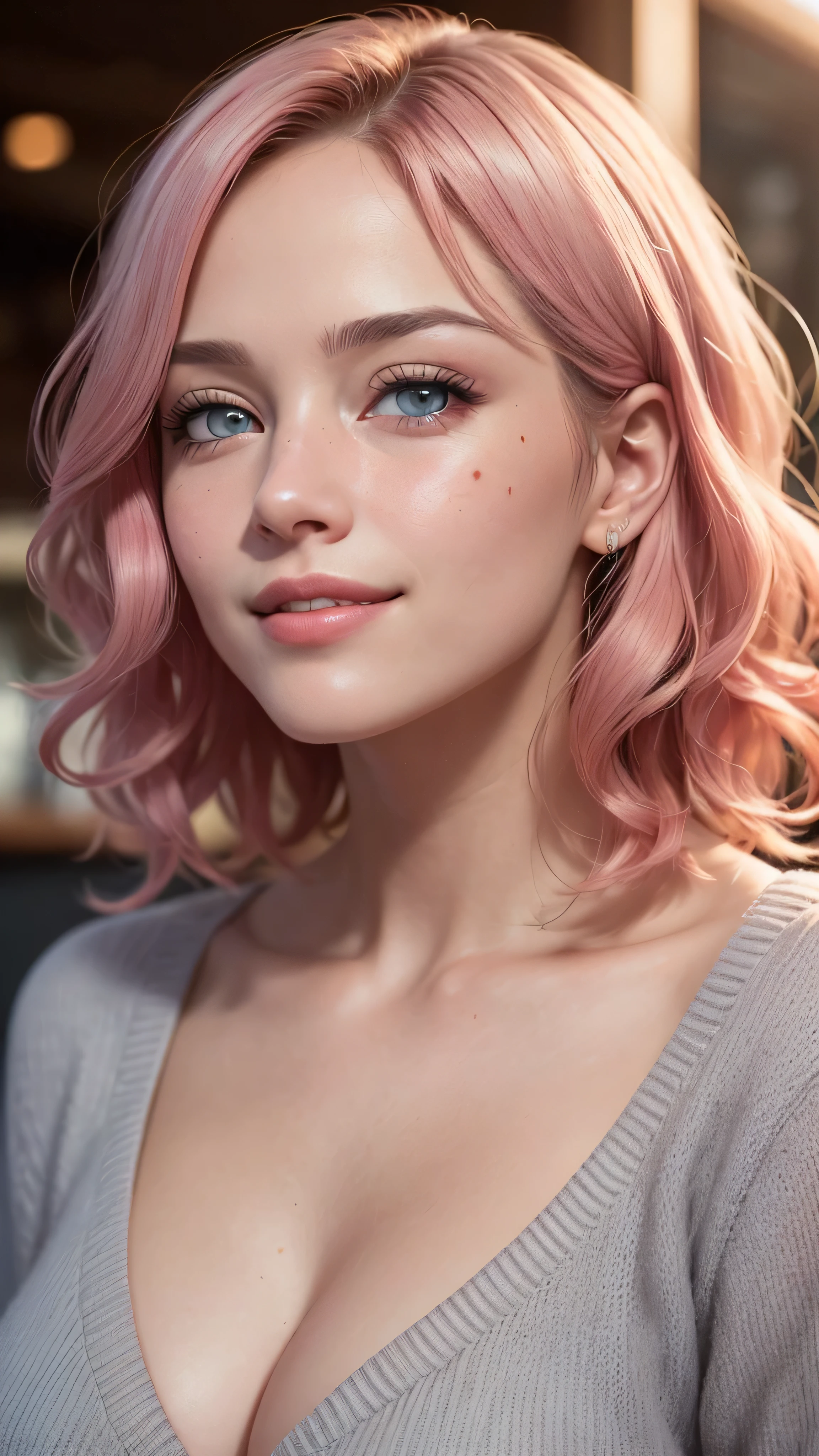 ((best quality: 1.5)) ((masterpiece: 0.8)), intricate details, sharp focus, professional, real life, realistic representation of the face, shadows, golden hour, dynamic pose, in the style of realistic and hyper detailed renderings BREAK (detailed 30 year old woman, (((portrait, cleft chin up), natural lips, short pink wavy hair)) ice blue eyes, soft gray sweater, ((shy, grinning, crowded cafe)))), photorealistic, hyper-realistic, 8K, blemish: 0.5