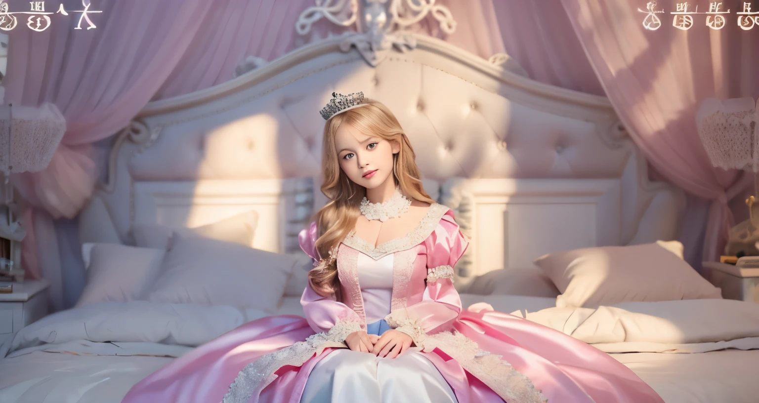 ,highest quality, masterpiece, highest resolution, artwork, super それにget used to it, many get used to it, get used to it, それにget used to it, 3K realistic photos,,(( When I )),Super detailed baby face,She isss,Full length ball gown dress with hoop skirt,ruffled yoke collar,puff sleeves,long sleeve,((Lolita style hot pink detailed princess satin dress、Comes with lots of frills and ribbons。)),colorful rococo fashion,shiny satin dress,Soft and smooth fabric,luxury,long blonde hair,blue eyes,white skin european,pajamas,((inside the palace)),,,(( When I was 10 years old)),Super ce,Full length ball gown dress witirt,long skirt,ruffled yoke collar,puff sleeves,腰まで伸びるlong blonde hair,blue eyes,white skin european,pajamas,((inside the palace bedroom)),ピンクのシルクサテンのluxuryなcanopy bedの上,canopy bed,luxurious curtains under the canopy,many frilly pillows on the bed,super detailed background,Detailed bed,silk satin bed sheets,soft silk satin comforter,Soft silk satin ruffled pillow in pastel colors,romantic atmosphere,little princess is sitting on the bed,Don&#39;Don&#39;t put your feet out to the side,Beautiful girl illustration,detailed beautiful face detailed hair,detailed human eye ,detailed mouth, arm details,fine hands,Detailed pillow,