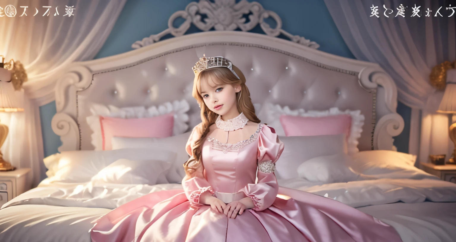 ,highest quality, masterpiece, highest resolution, artwork, super それにget used to it, many get used to it, get used to it, それにget used to it, 3K realistic photos,,(( When I )),Super detailed baby face,She isss,Full length ball gown dress with hoop skirt,ruffled yoke collar,puff sleeves,long sleeve,((Lolita style hot pink detailed princess satin dress、Comes with lots of frills and ribbons。)),colorful rococo fashion,shiny satin dress,Soft and smooth fabric,luxury,long blonde hair,blue eyes,white skin european,pajamas,((inside the palace)),,,(( When I was 10 years old)),Super ce,Full length ball gown dress witirt,long skirt,ruffled yoke collar,puff sleeves,腰まで伸びるlong blonde hair,blue eyes,white skin european,pajamas,((inside the palace bedroom)),ピンクのシルクサテンのluxuryなcanopy bedの上,canopy bed,luxurious curtains under the canopy,many frilly pillows on the bed,super detailed background,Detailed bed,silk satin bed sheets,soft silk satin comforter,Soft silk satin ruffled pillow in pastel colors,romantic atmosphere,little princess is sitting on the bed,Don&#39;Don&#39;t put your feet out to the side,Beautiful girl illustration,detailed beautiful face detailed hair,detailed human eye ,detailed mouth, arm details,fine hands,Detailed pillow,