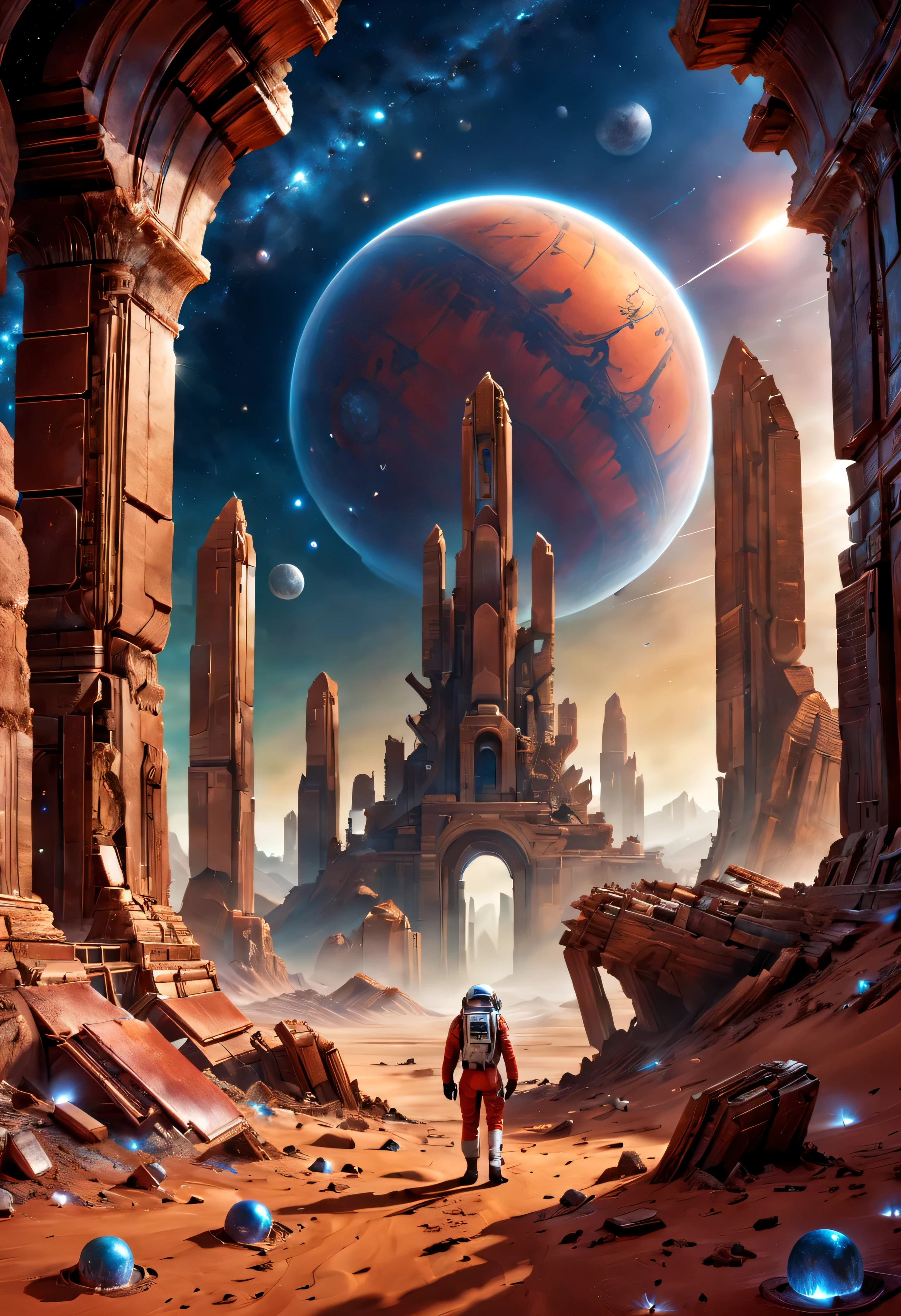 Movie Poster,(mysterious ancient ruins) on Mars,(science-fiction concept art),(detailed illustrationest quality,4k,highres,masterpiece:1.2),red planet landscaperight vibrant colors:1.1),(sci-fi lighting),(HDR),(crumbling structures),(desolate environment),(infinite horizon),(alien artifacttraterrestrial architecture),(atmospheric perspective),(exploration),(futuristic technology),(ruins of an advanced civilization),(isolated and abandoned),(astronaut explorers),(eerie atmosphere),(strange symbols),(mystical energy sources),(sweeping panoramic view),(dusty red sand),(surreal atmosphere),(ancient mysteries),(distant starry sky),(hauntingly beautiful),(dreamlike imagery),(epic scale),(awe-inspiring),(scientific discovery)