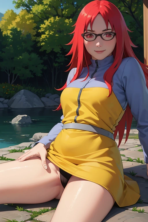 (best quality,4k,ultra-detailed),(realistic:1.37),HDR,professional,portrait,colorful,soft lighting,Karin Uzumaki,beautiful detailed eyes,red eyes, glassesbeautiful detailed lips,smiling gently,red hair flowing,happy expression,playful personality,long wavy hair,rosy cheeks,yellow dress,playful pose,feminine charm,lewd smirk,lifting dress,showing off panties,teasing look,confident stance,blossoming garden background