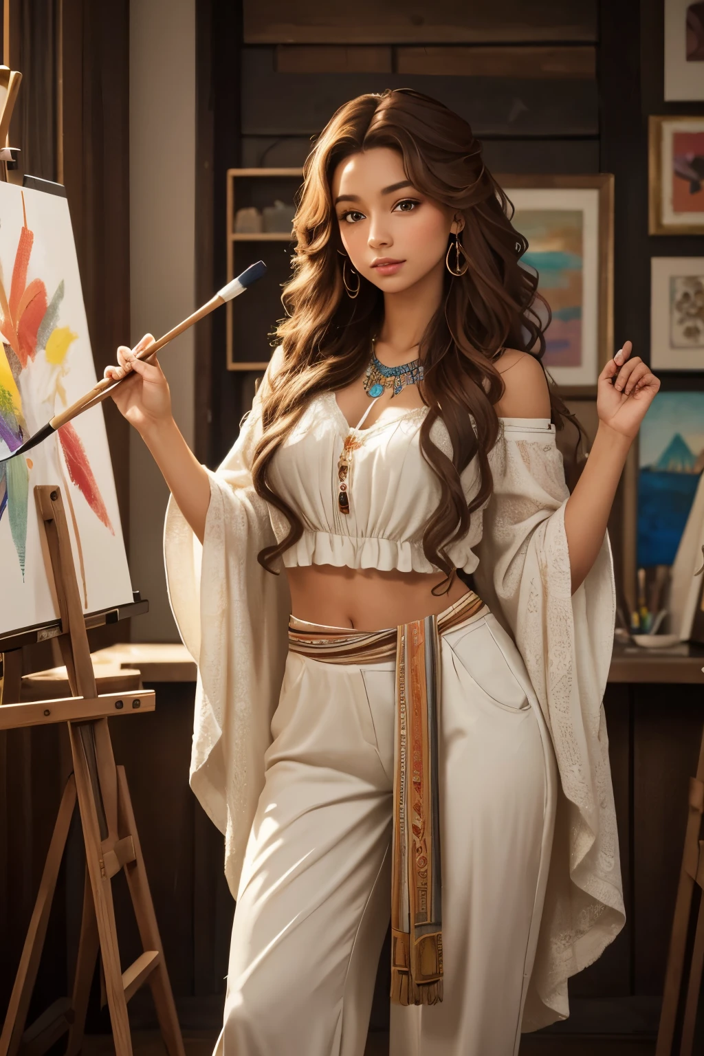 Hair:Amara has flowing chestnut brown curls that cascade gracefully around her shoulders, adding a touch of artistic flair to her appearance.Face:Her face is adorned with subtle, natural makeup that enhances her features. Amara's hazel eyes exude curiosity and creativity, reflecting her passion for art.Attire:Amara wears a bohemian-inspired outfit, embracing flowing fabrics and vibrant colors. A loose-fitting, artistic blouse paired with comfortable yet stylish wide-legged pants completes her eclectic look. https://image.cdn2.seaart.ai/2024-02-04/cmvnaete878c73dgf4r0/a708f9c7b92d701a0d58365829d9e2ac3487feb2_high.webp As the evening sun casts a warm glow, Amara stands in her art studio, surrounded by an array of brushes, paints, and a blank canvas eagerly awaiting creative endeavors. Her posture exudes confidence, with a relaxed yet purposeful stance. Amara's hands are poised, holding a palette and brush, ready to embark on the interactive art challenge. The studio is filled with the aroma of creativity, and soft instrumental music sets the perfect backdrop for an evening of artistic exploration.