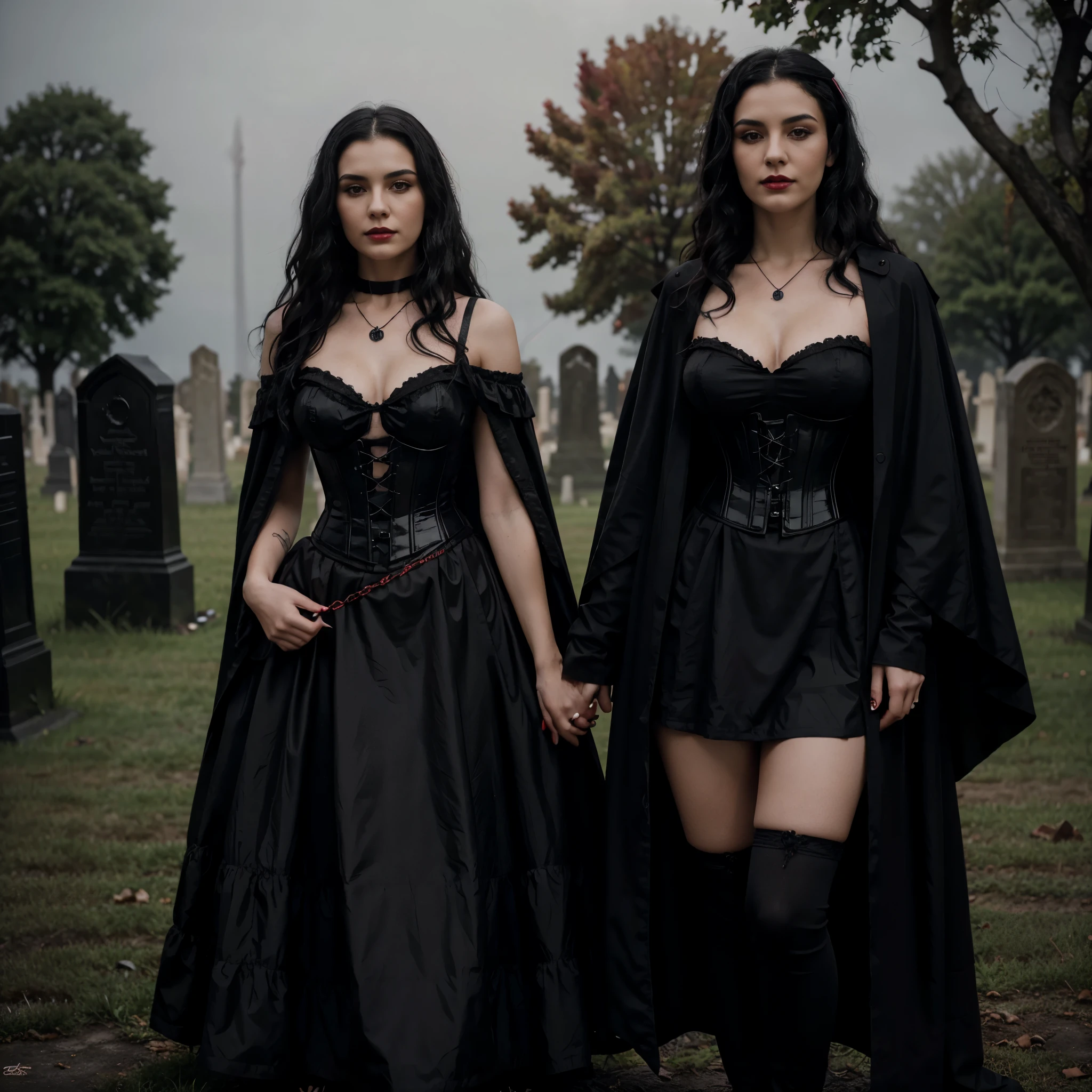 Beautiful 20 year old woman with short messy wavy black hair, wearing a red and black corset and black cloak with gothic qualities, standing in a cemetery at night with fog holding an old style lantern, red lipstick, realistic skin texture, cross neckless, looking at camera, Gothic Art, photo realistic, 8k