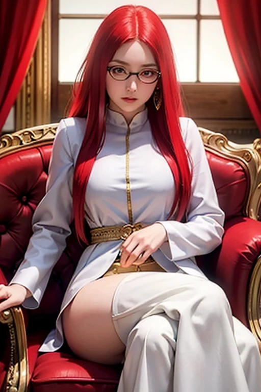 1 Girl, sitting on the classical European sofa, white skin, red hair, long hair with slight curls, exquisite and beautiful big red eyes,, glasses exquisite features, detailed features, exquisite and gorgeous uniform inlaid with gems, perfect figure,gorgeous  exquisite and gorgeous furnishings,