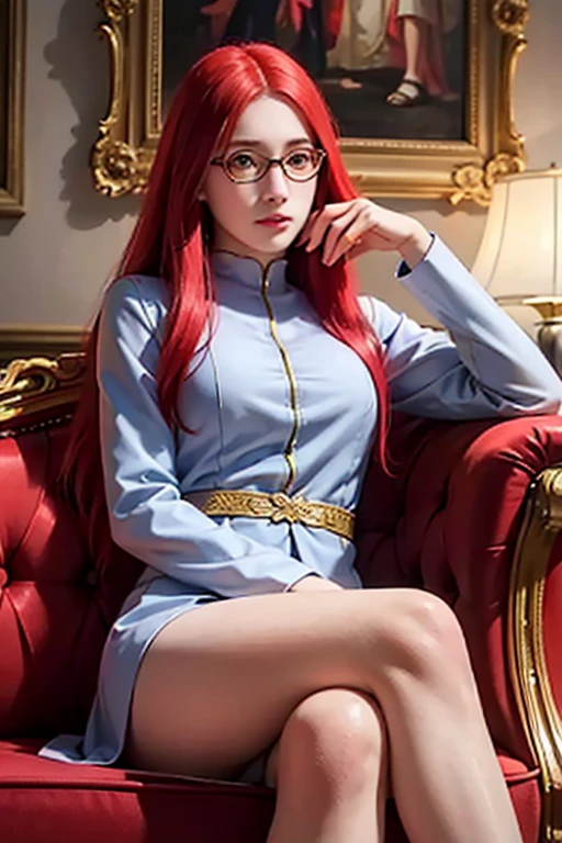 1 Girl, sitting on the classical European sofa, white skin, red hair, long hair with slight curls, exquisite and beautiful big red eyes,, glasses exquisite features, detailed features, exquisite and gorgeous uniform inlaid with gems, perfect figure,gorgeous  exquisite and gorgeous furnishings,