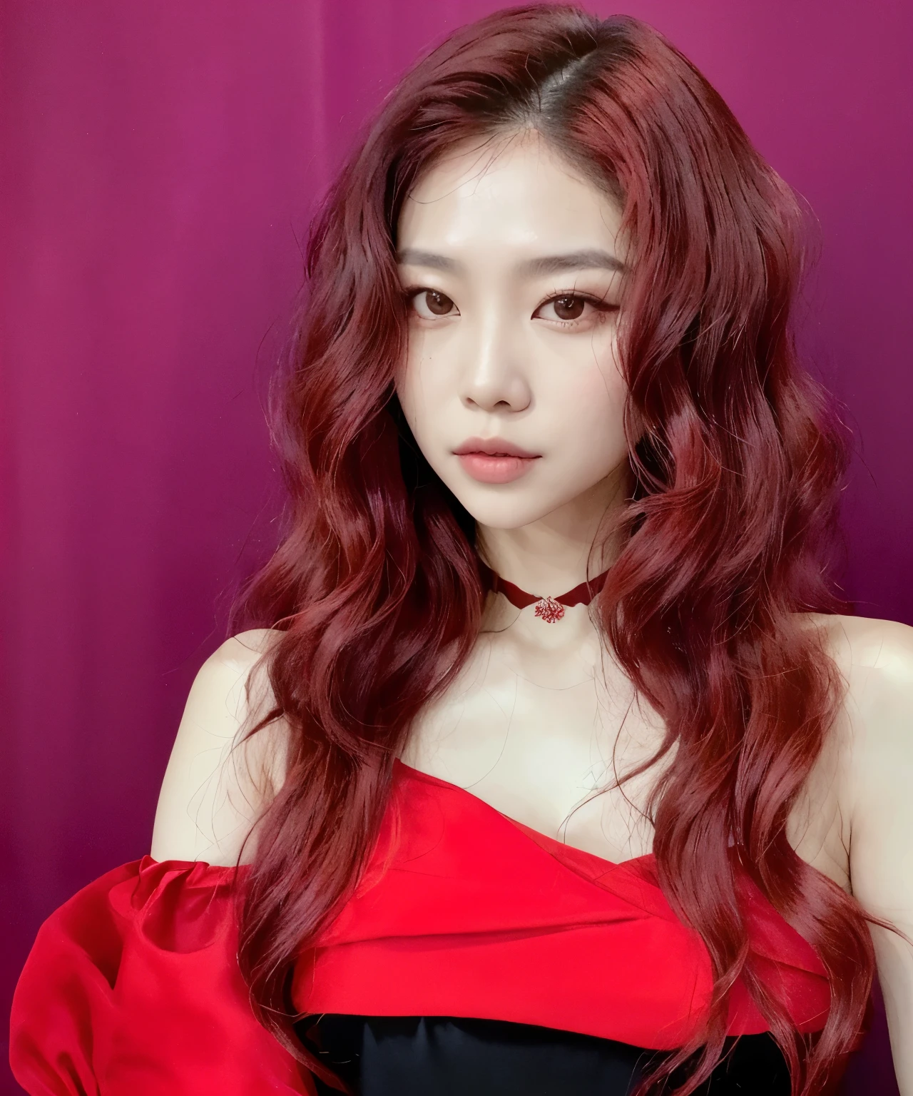 Korean woman com cabelo ruivo and a black dress posing for a picture, com cabelo ruivo cacheado, pale red, Cor vermelha, cabelos longos e ondulados vermelhos, com cabelo ruivo, cabelos tingidos de vermelho, veludo vermelho, cabelos ruivos ondulados e vibrantes, Muito vermelho, com longos cabelos ruivos, peruca vermelha, cabelo ruivo cacheado, Tonalidade vermelha, Cor vermelhaed, cabelo carmesim