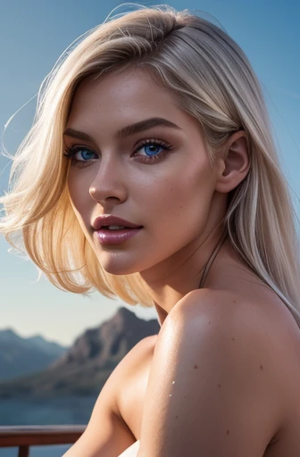 Pure white hair, (Waist-length hair), glowing hair, Detailed hair, Blue Eyes, beautiful eyes, extremely detailed eyes and face, Ultra-detailed, light on the face, Fair skin, 18 yo girl, perfect pose, large natural breasts, cleavage, Beautiful smile, looking up at viewer, happy, horny, Innovative Design, dynamic angle, perfect view, perfect angle, Professional Quality, Very detailed octane rating, Ray tracing, volumetric lighting, The perfect body, perfect face, perfect hands, perfect fingers, perfect breasts, 8K high resolution, perfect composition, perfect light, realistic bimbo, ((Full body portrait)), close-up detail realism, perfect teeth, happy, Six-pack abs, long thick muscular legs, tiny waist, feminine curves