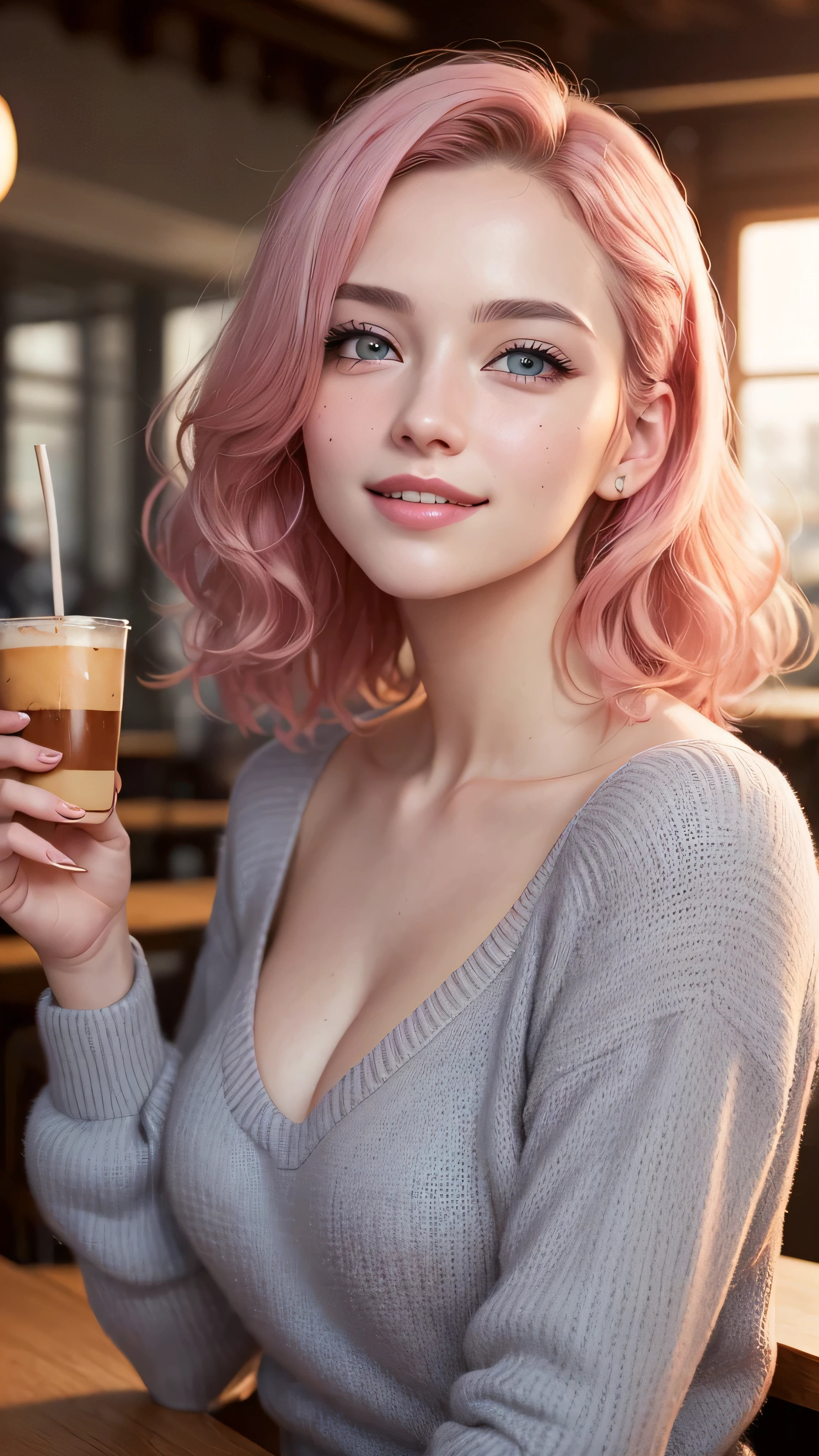 ((best quality: 1.5)) ((masterpiece: 0.8)), intricate details, sharp focus, professional, real life, realistic representation of the face, shadows, golden hour, dynamic pose, in the style of realistic and hyper detailed renderings BREAK (detailed 30 year old woman, (((portrait, cleft chin up), natural lips, short pink wavy hair)) ice blue eyes, soft gray sweater, ((shy, grinning, crowded cafe)))), photorealistic, hyper-realistic, 8K, blemish: 0.5