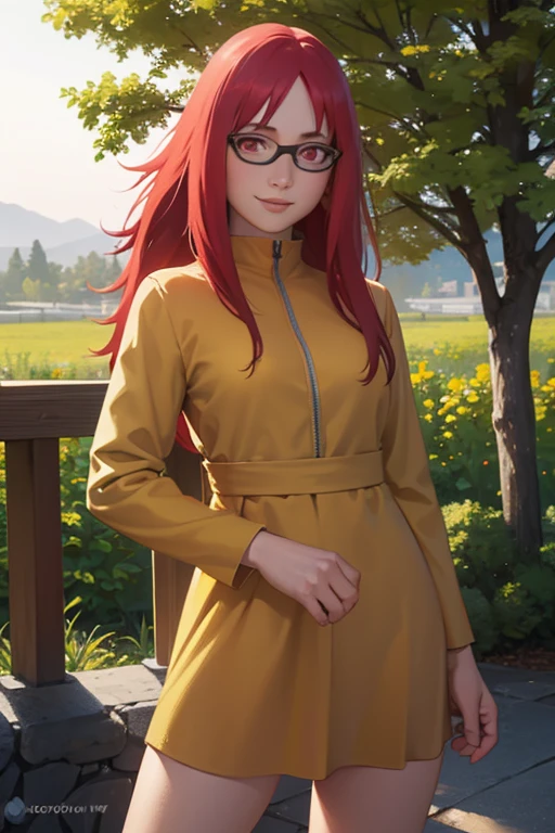 (best quality,4k,ultra-detailed),(realistic:1.37),HDR,professional,portrait,colorful,soft lighting,Karin Uzumaki,beautiful detailed eyes,red eyes, glassesbeautiful detailed lips,smiling gently,red hair flowing,happy expression,playful personality,long wavy hair,rosy cheeks,yellow dress,playful pose,feminine charm,lewd smirk,lifting dress,showing off panties,teasing look,confident stance,blossoming garden background